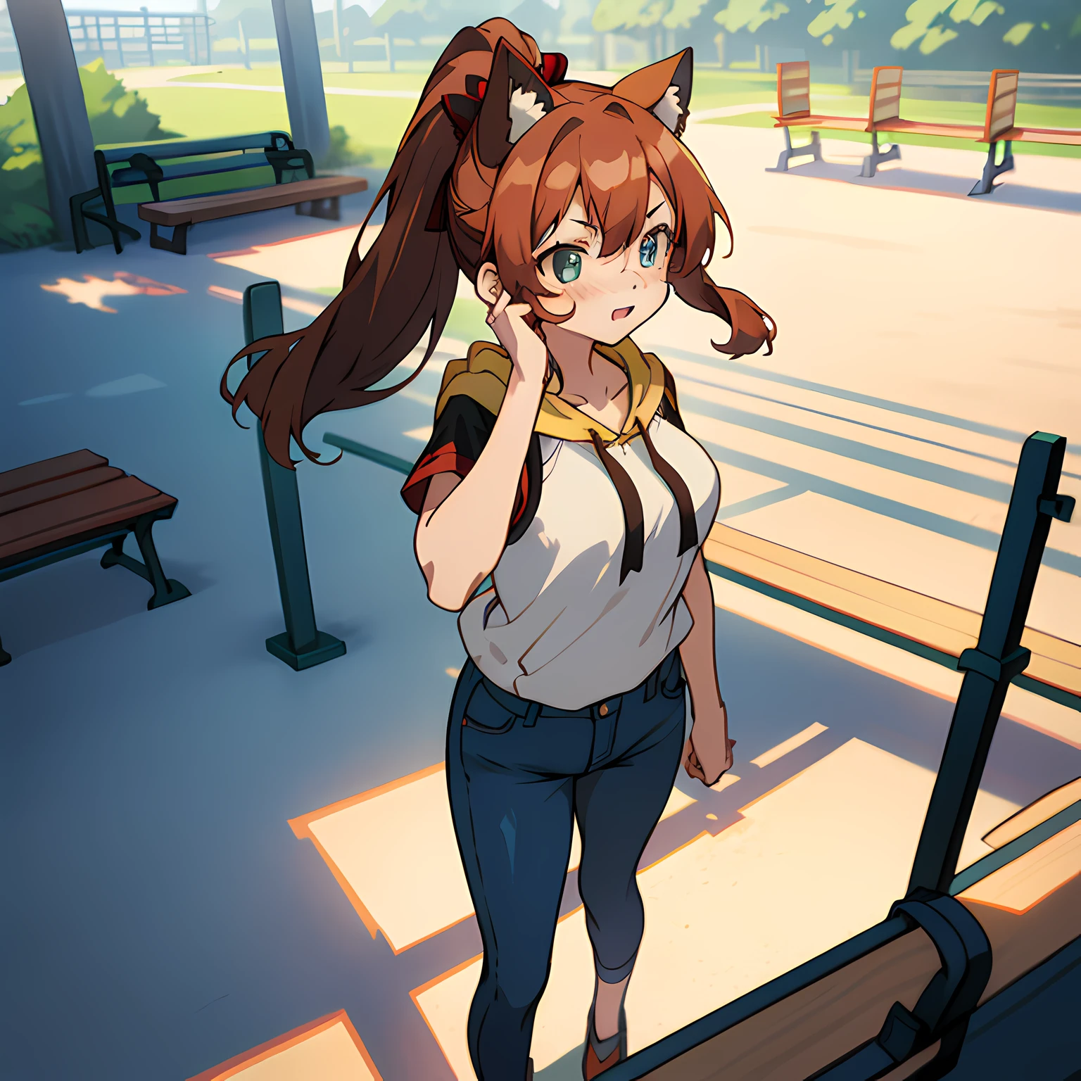One girl. (masutepiece, of the highest quality, Kyoto Animation Style Illustration, of the highest quality, Official art, aesthetics, Beautiful details, :1. 2), BREAK, (17 years old girl), Very detailed, colourfull, highest details, BREAK, (Huge breasts: 1. 2,), Clear skin, Beautiful skin, Shy skin, with fringes, 1 beautiful girl, Brown hair, (Cat ears, Ponytail, medium-Long hair: 1. 2), (Light blue eyes, long eyelashes, Double eyelids: 1. 2), Solo, (Jeans shorts:1.1),(Red Sleeveless Hoodie:1.2),BREAK,Walking,Mouth wide open,Open eyes,Open your right hand,astonished face,BREAK,(In the room of the park:1.3),(blocky, Benches, seesaw:1.5),( A few schoolchildren),window,