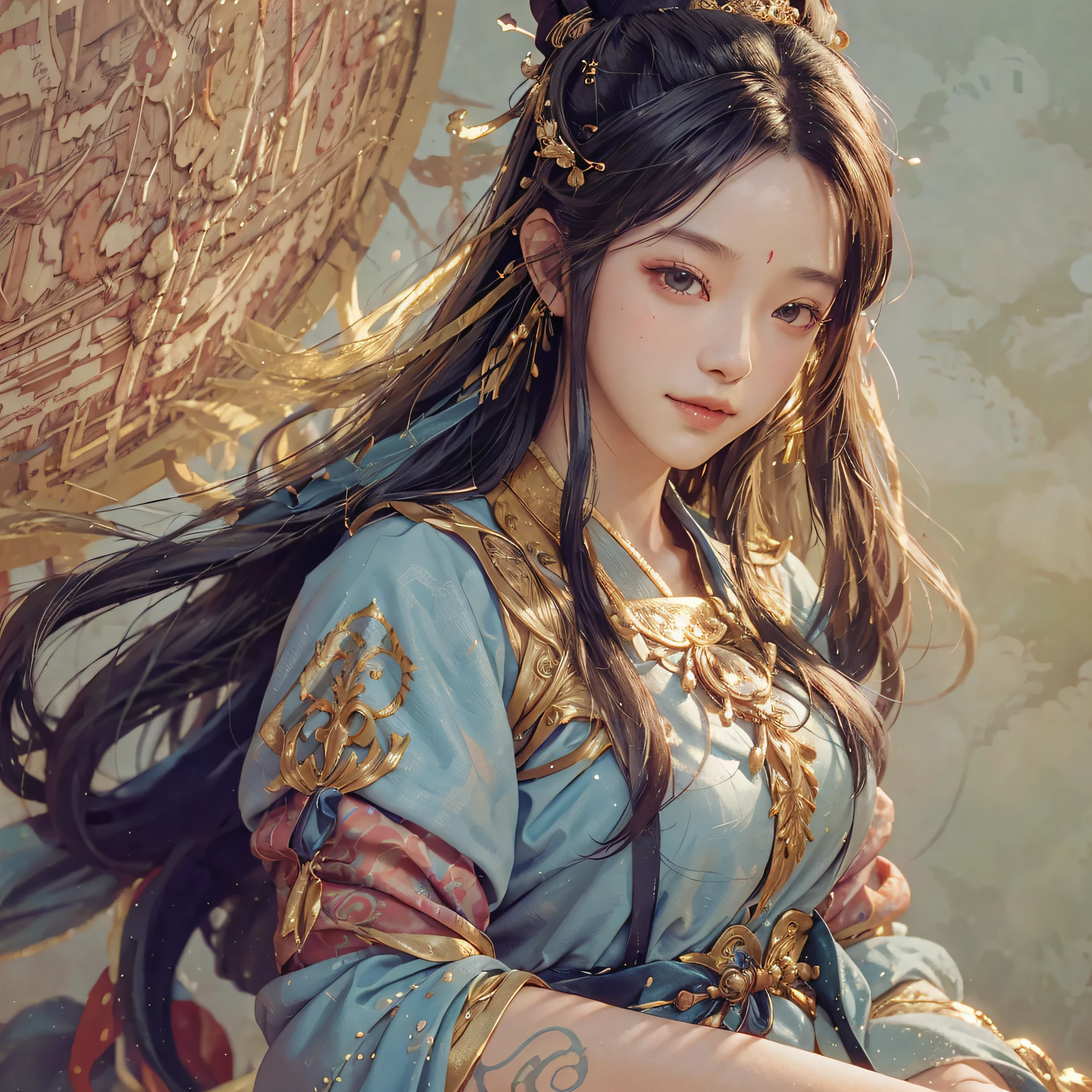 Girl in light blue Hanfu,With a smile on your face, Inspired by Yang Ying, Princesa chinesa antiga(Realistic, photo-realistic:1.3), Best quality, Highly detailed, Masterpiece,, illustration, 1girll, The upper part of the body, Static angle, Best quality, extremely detailed CG unity 8k壁纸,ink,Rembrandt light,3/4 side face
