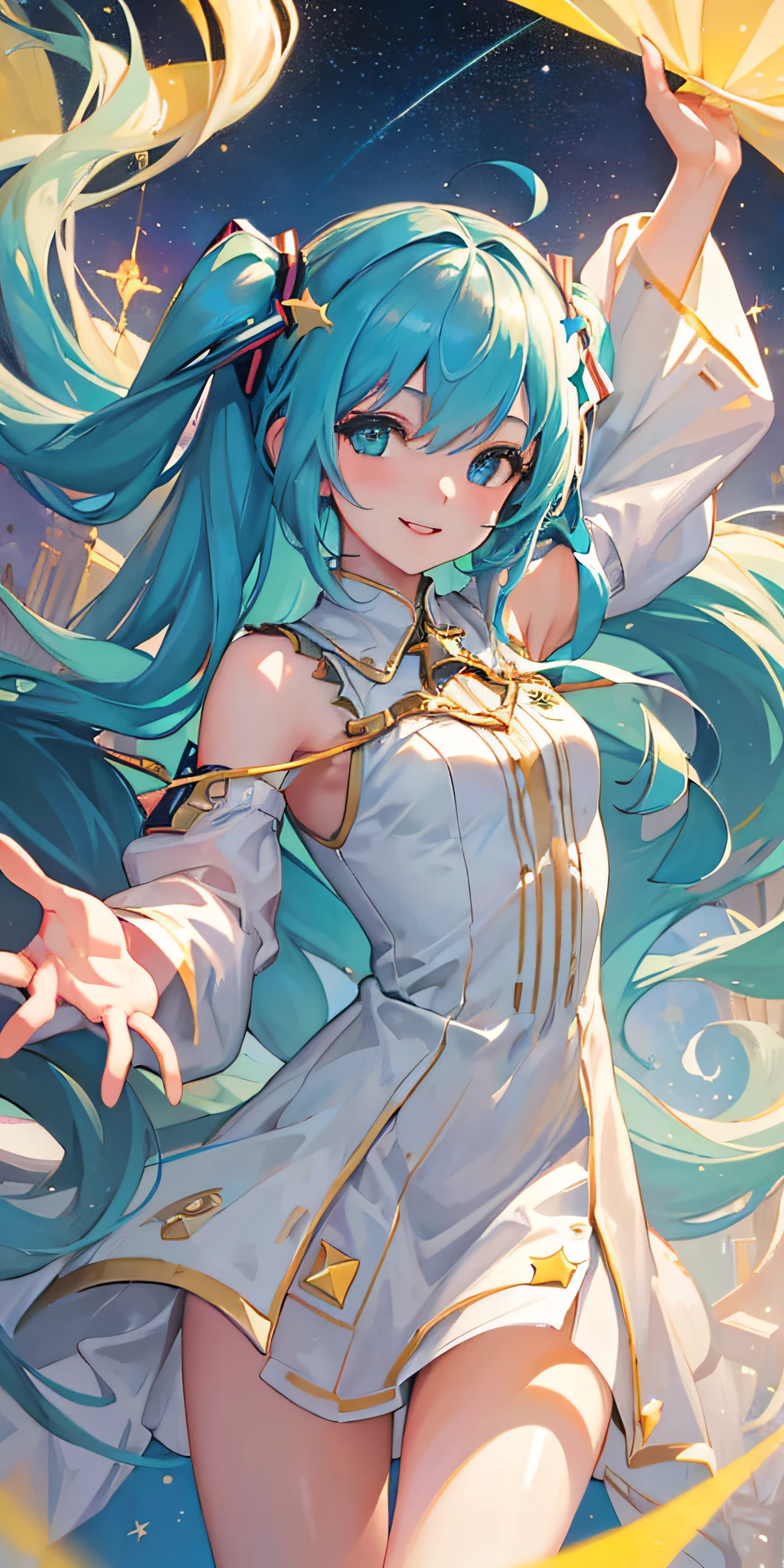 (((((best quality))))), ｛1 girl｝, ((masterpiece)), (highres), official art, ((((starsky))), ((((masterpiece))), (floating long hair, floating dress), ((( masterpiece, best quality, ultra-detailed)))), curely hair, ｛ (((miku)))｝, floating, skyline, silk dress, night, starsky, sky, butterfly, stars, dreamly, birds, shinning bits, from below, luminous geometry, smile, masterpiece