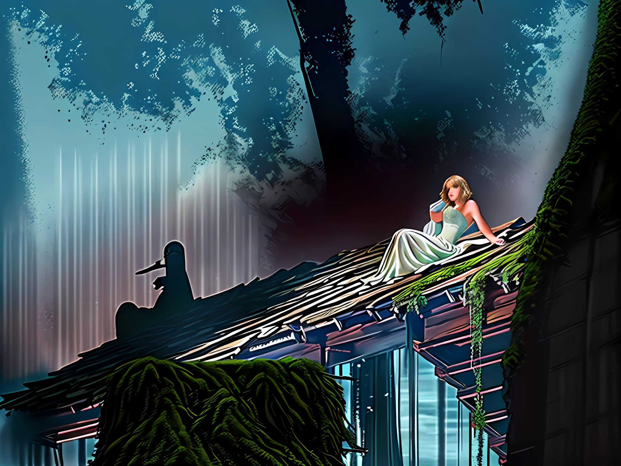 there is a woman sitting on a roof wearing a flowing white dress, beautiful setting, taylor swift, laying on a dilapidated roof covered in moss