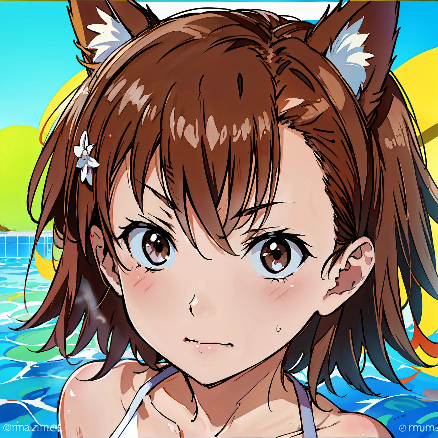 1girl, solamente, Misaka Mikoto, pelo corto, brown hair, brown eyes, orejas falsas animal, Orejas de gato, sonrojarse, bikini, bragas, swimming suit, bragas, inclinado adelante, cuerpo completo, frenta a un fondo blanco, ****, pecho, face serious