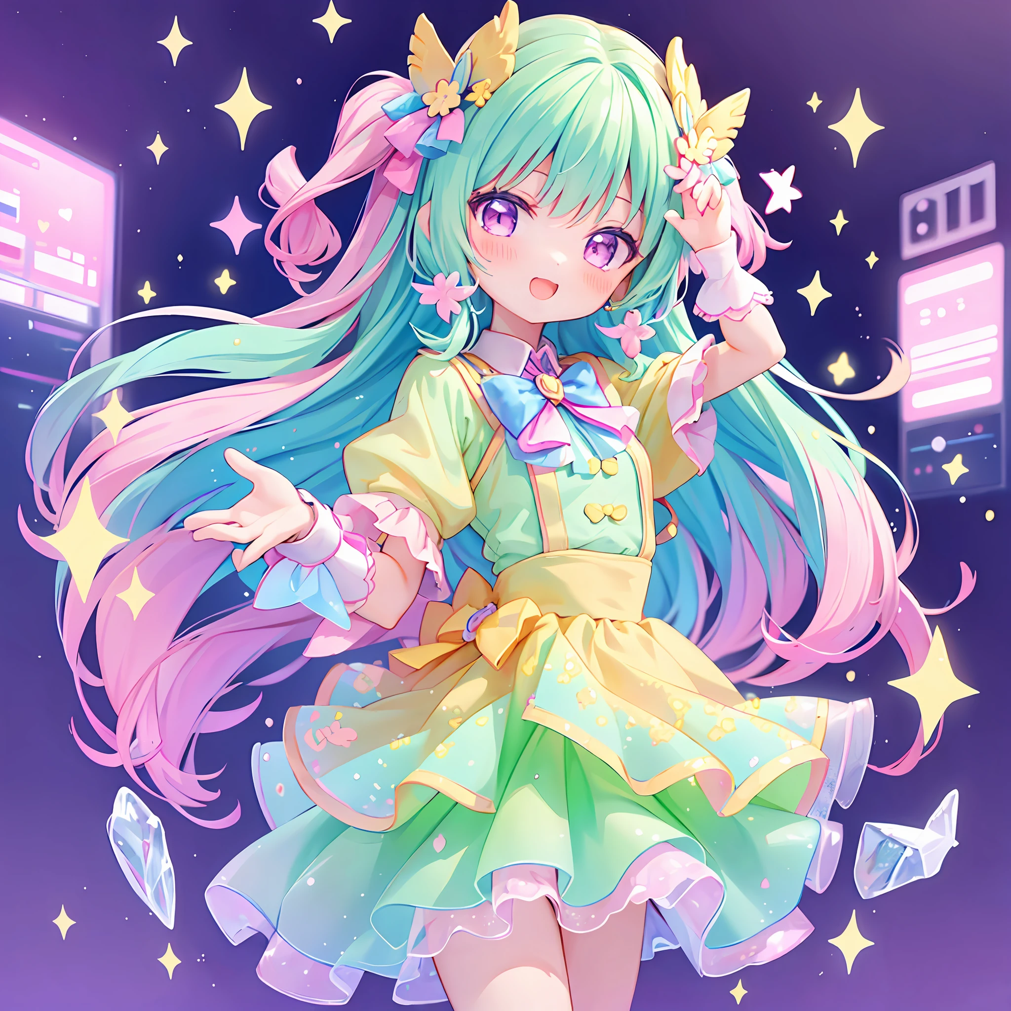 (chibi), idol, ice skating, kawaiitech, kawaii, cute, pastel colors, best quality, happy,  deep background