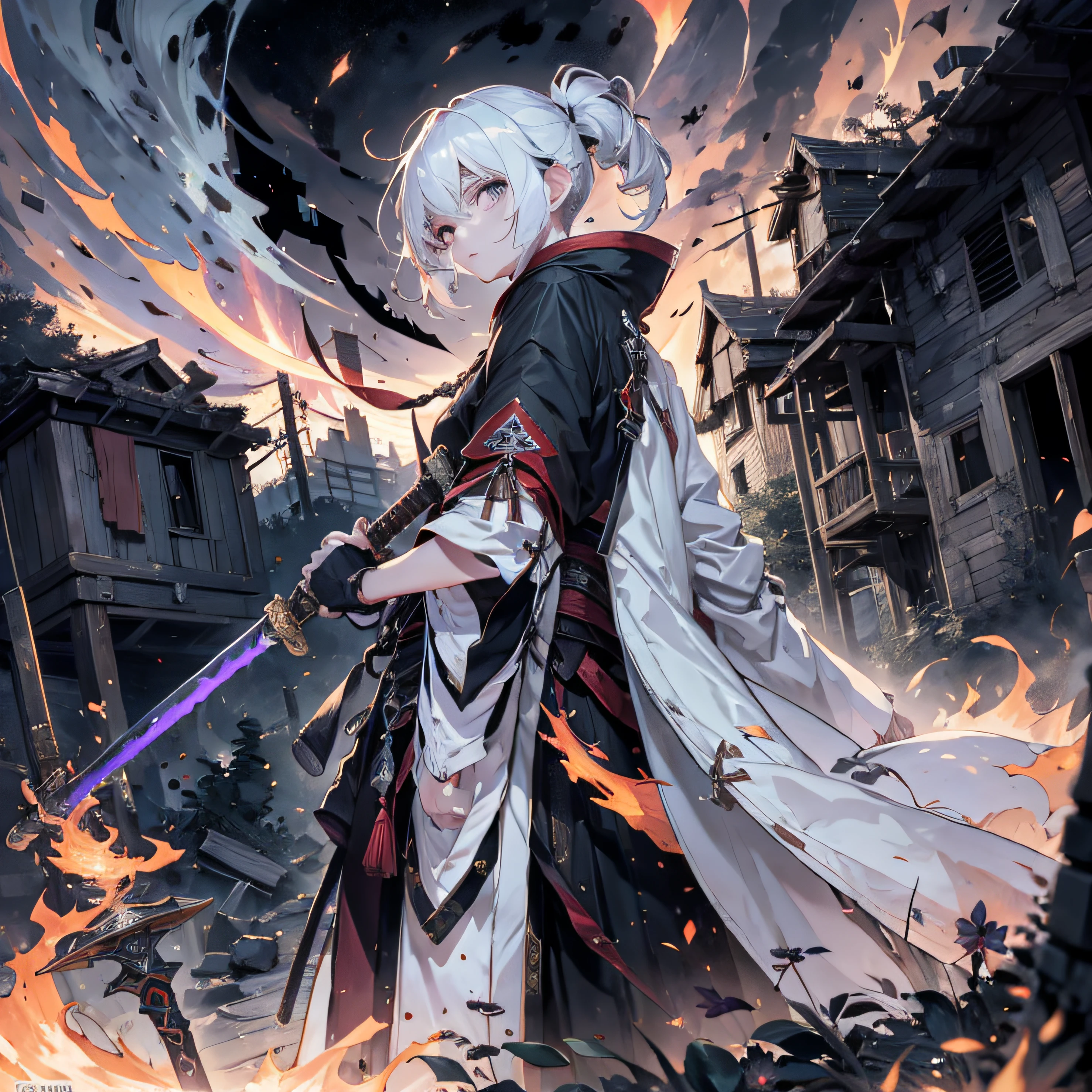 white hair boy，burly build，Red long-sleeved hanfu，white hair boy，burly build，Brawny，Brawny，nigth，the night，best qualtiy，Ultra-long viewing angle，A bald boy，Turn your head to look at a person，Back shadow，Red long-sleeved hanfu， Fine Eye， 详细的脸， Detailed eyes，Wield a sword， A sword surrounded by red flames，Wield this sword，full bodyesbian，Ultra-long viewing angle，visto ao longe，from below， Look up， Ruined suburbs，Dilapidated old house，background inside dark，Ultra-long viewing angle，A dilapidated house in the distance，sword-wielding，sword-wielding