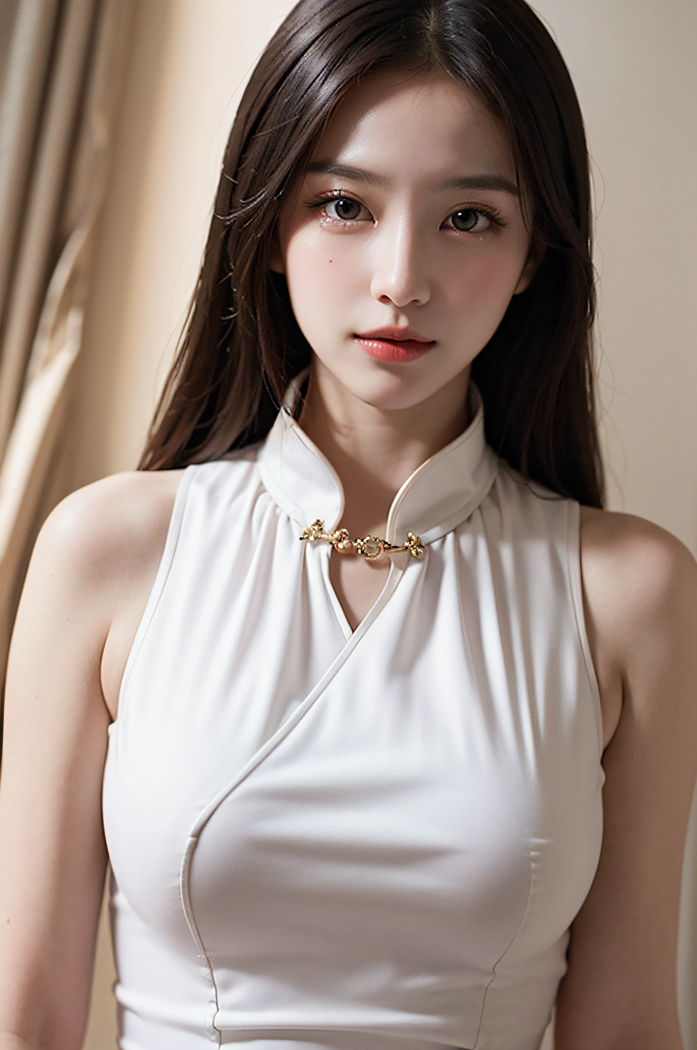 (Hyperrealistic,)4K,35mm,hyper-high detail, Professional lighting, Best quality, Ultra-high resolution, Visually stunning, (1girll:1.3), National style (on cheongsam),realskin,(Perfect body 1.3)Ultra-delicate face。