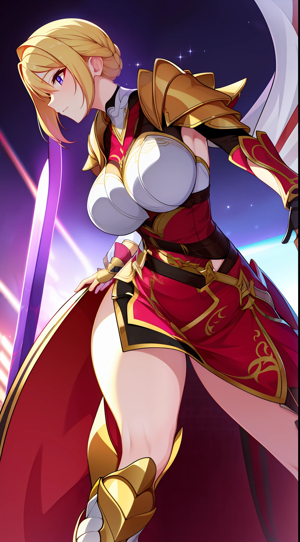 Tall girl, longue blonde hair, violet eyes, knight armor, huge sword, combat stance, Masterpiece, hiquality