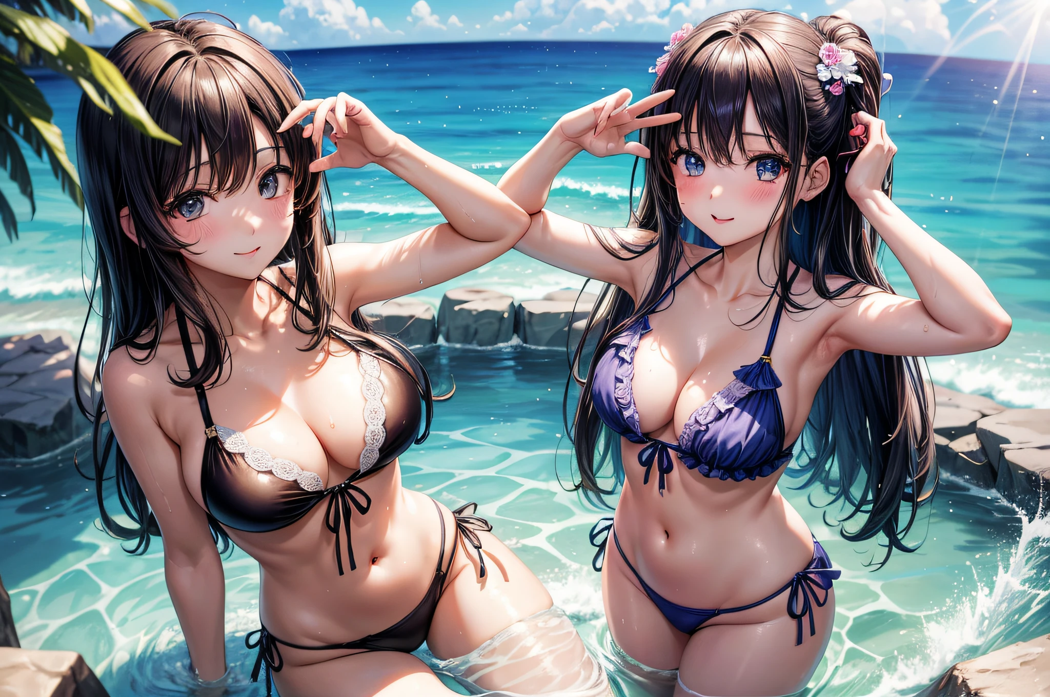 (top-quality、8K、32K、masuter piece、nffsw:1.2)、Photo of a cute Japanese woman、女の子1人、夏天、the beach、Summer dress、A sexy、maikurobikini、Overexposed、Wet、gravure、Overexposed、randome pose、Hairstyle Random、hair color random、Eye color random、amorous、Sheer、Sexy swimming costume