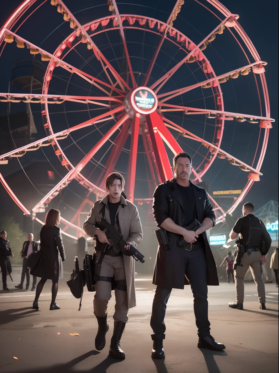 (masterwork) Very high quality, Full body shot, Super detailed shooting, Resident Evil setting, Male clergy, Medical staff and injured male police officers, The trio take refuge in zombies by the Ferris wheel of a destroyed amusement park, 32K resolution, Best quality, Dynamic pose, actionpose, Surreal and charming.