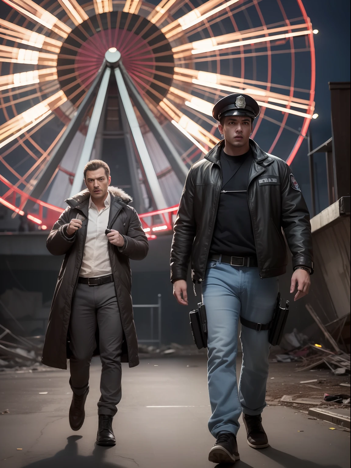 (masterwork) Very high quality, Full body shot, Super detailed shooting, Resident Evil setting, Male clergy, Medical staff and injured male police officers, The trio take refuge in zombies by the Ferris wheel of a destroyed amusement park, 32K resolution, Best quality, Dynamic pose, actionpose, Surreal and charming.