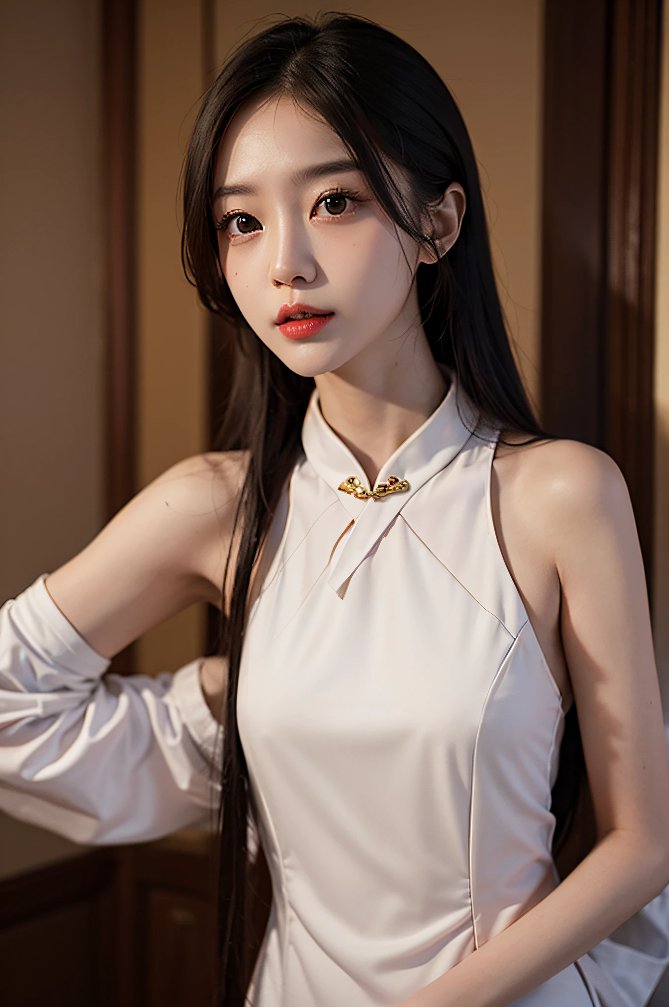 （Hyperrealistic,）4K,35mm，hyper-high detail, Professional lighting, Best quality, Ultra-high resolution, Visually stunning, (1girll:1.3), National style （on cheongsam）,realskin,（Perfect body 1.3）Ultra-delicate face。