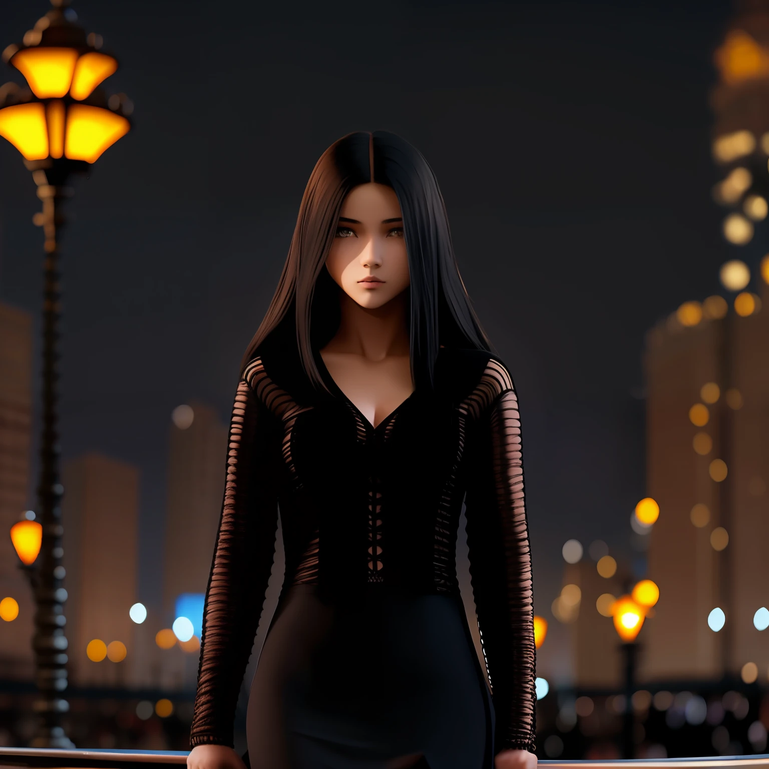 mujer Joven solitaria con el pelo negro y ropa gotica , Surreal metropolis, Luces nocturnas, Plaza de la ciudad, Rascacielos , Chinese lamps, multitud de personas, Hiperrealismo,4k, cuerpo completo y voluptuoso, pechos grandes