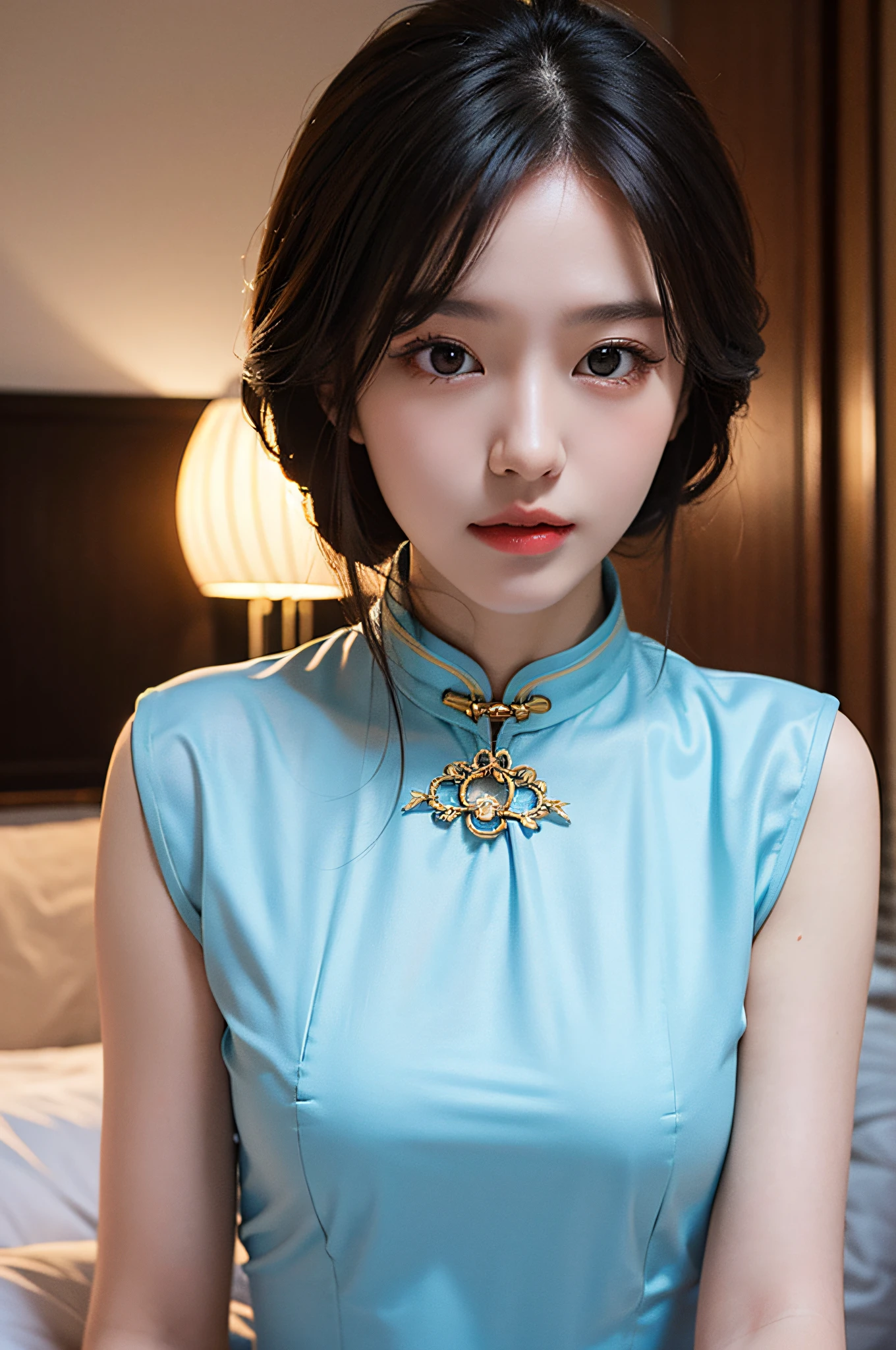 （Hyperrealistic,）4K,35mm，hyper-high detail, Professional lighting, Best quality, Ultra-high resolution, Visually stunning, (1girll:1.3), National style （on cheongsam）,realskin,（Perfect body 1.3）Ultra-delicate face。