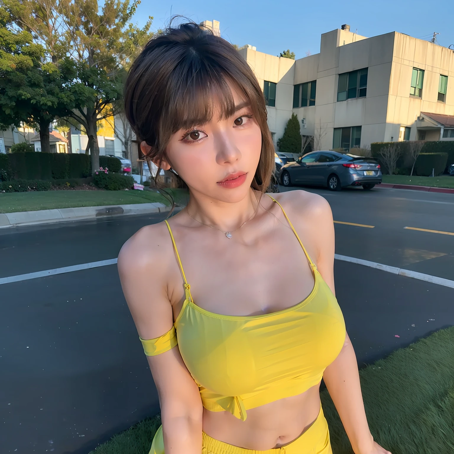 (8k, RAW photo, best quality, masterpiece:1.2), (realistic, photo-realistic:1.37), best quality, ultra high res, nfsw back lights, light leaks, dynamic lighting, slim, smooth skin,  (pureerosface_v1:1), bond, navel, kpop idol, (beautiful detailed eyes:1),(beautiful detailed face:1),(freebuffing:1.2), outdoors, ulzzang-6500, 1girl, standing, upper body,,,  from front, front view,  looking at viewer, huge breasts, arms behind back, street, sunlight,