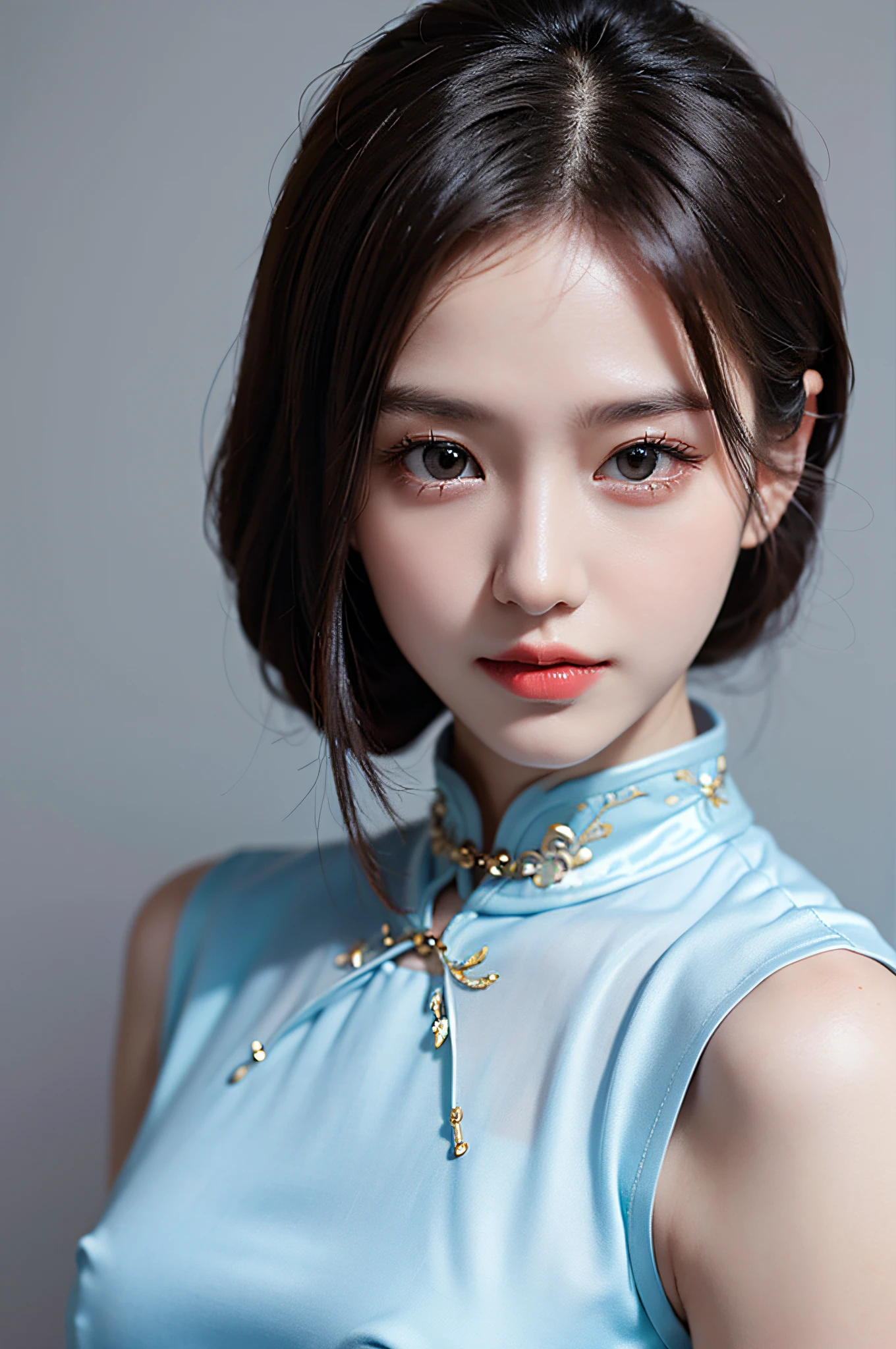 (Hyperrealistic,)4K,35mm,hyper-high detail, Professional lighting, Best quality, Ultra-high resolution, Visually stunning, (1girll:1.3), National style (on cheongsam),realskin,(Perfect body 1.3)Ultra-delicate face。