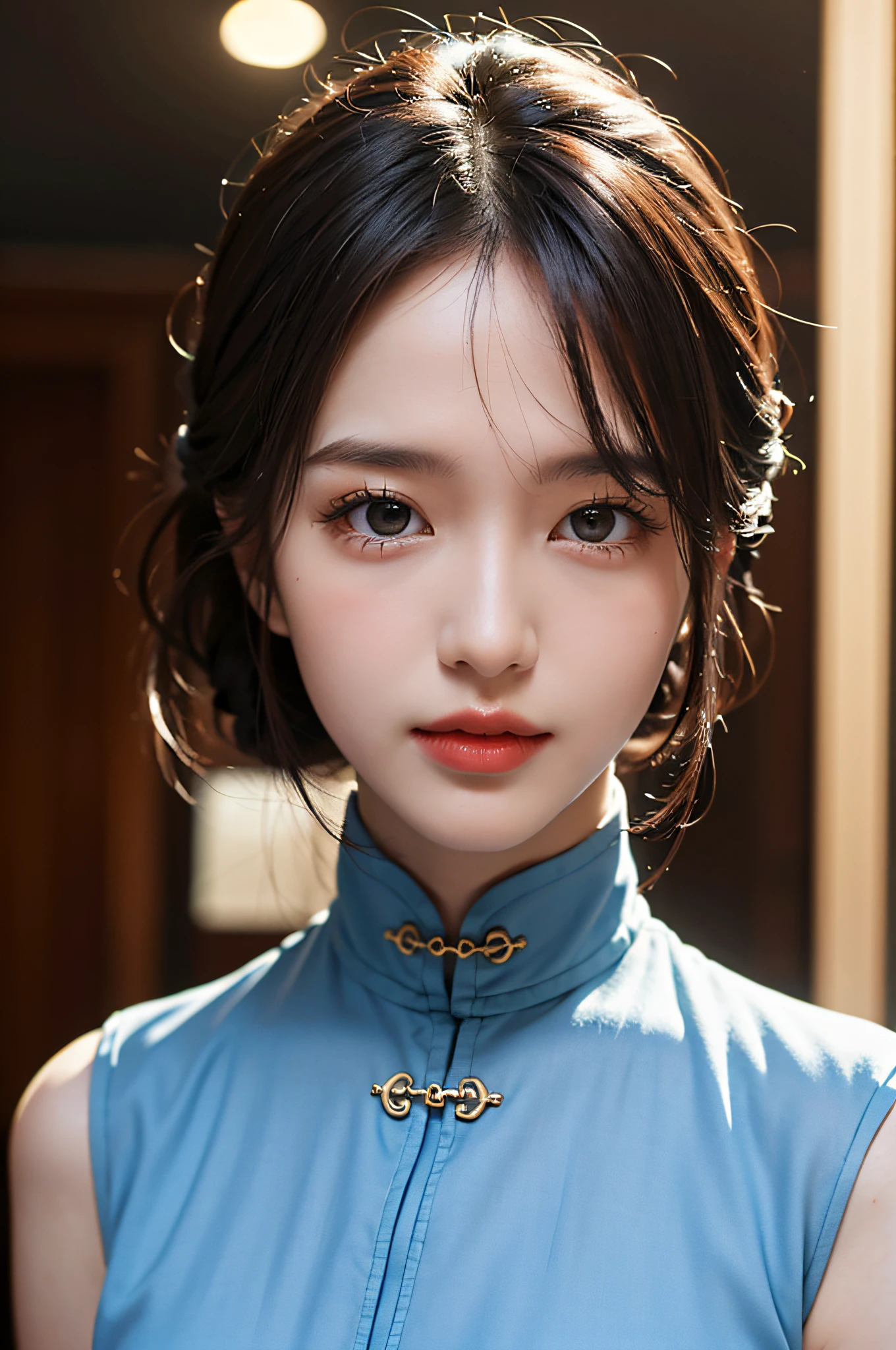 (Hyperrealistic,)4K,35mm,hyper-high detail, Professional lighting, Best quality, Ultra-high resolution, Visually stunning, (1girll:1.3), National style (on cheongsam),realskin,(Perfect body 1.3)Ultra-delicate face。