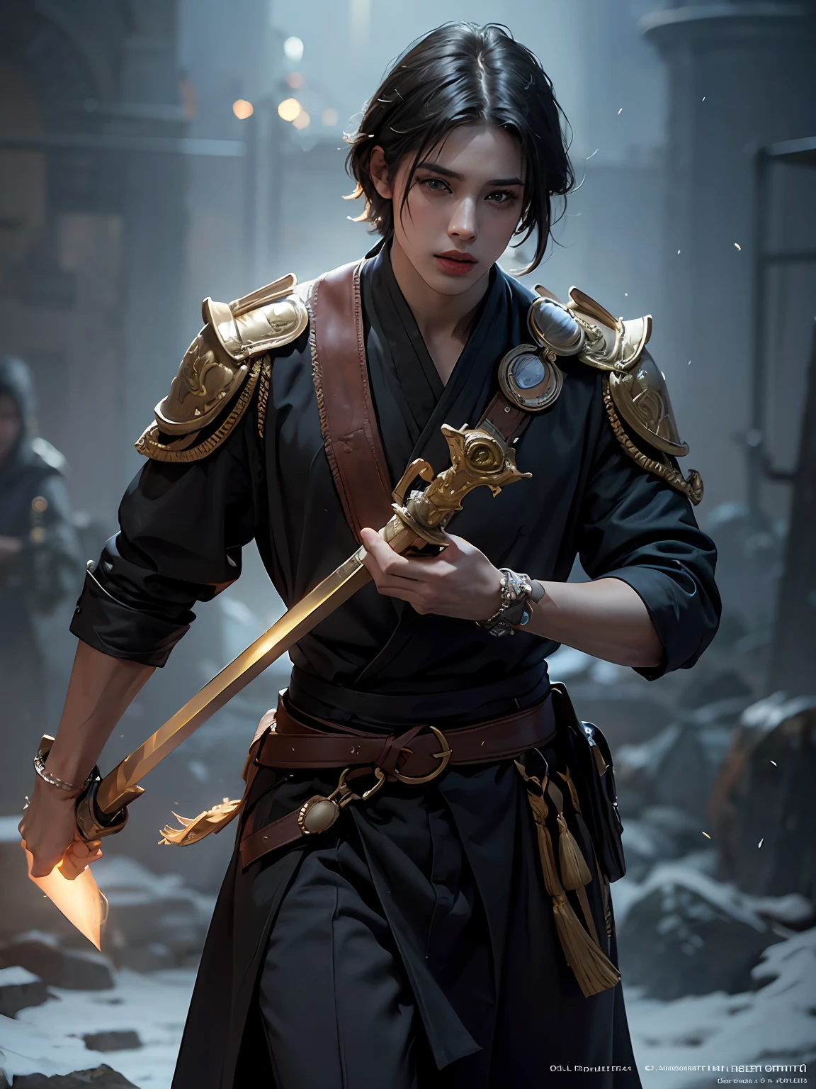 (More than half body) (dancing in a royal party, holding a sword)(tranquil but cold), 1man, God of Frost, king, solo focus, adult, pale and young adult face, short black hair, black silk robe with golden lining, realistic, dynamic pose, realistic, detailed and correct facial structure, blades ornaments, LEON S. KENNEDY, handsome, attractive, slightly muscular, cinematic lighting, unreal engine, trending on ArtStation, intricate details,  masterpiece, best quality, by Irakli Nadar, Greg Rutkowski，(((best quality))),(((ultra detailed))),(((masterpiece)))