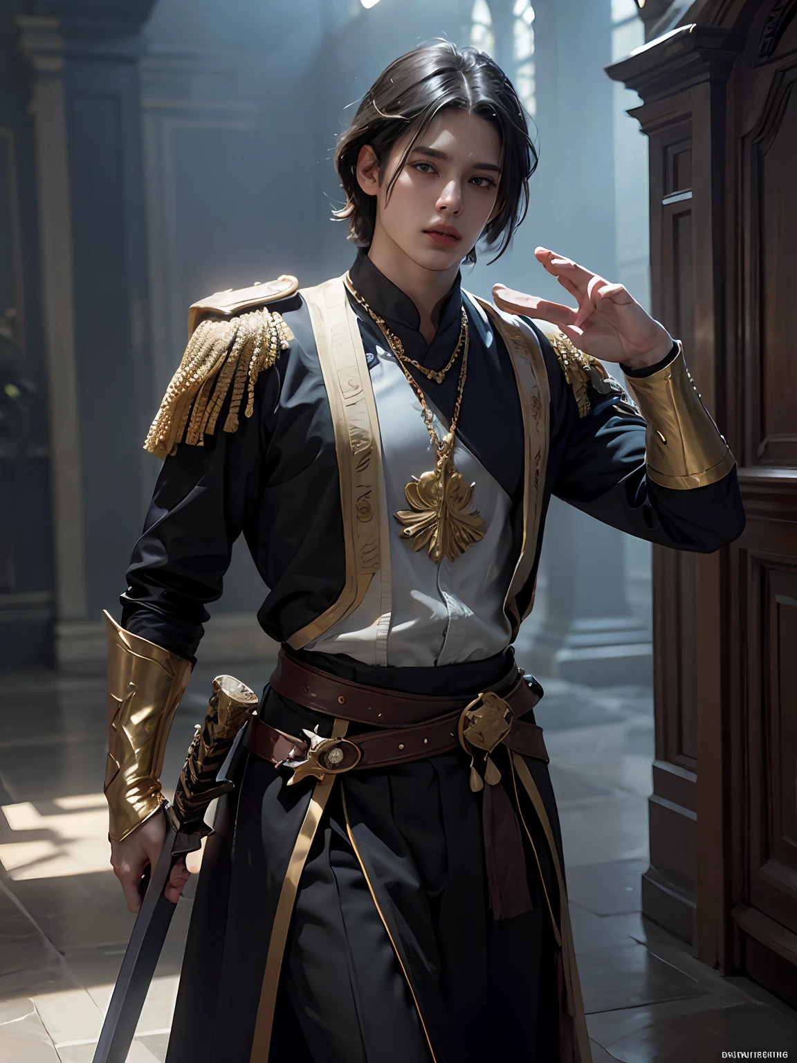 (More than half body) (dancing in a royal party, holding a sword)(tranquil but cold), 1man, God of Frost, king, solo focus, adult, pale and young adult face, short black hair, black silk robe with golden lining, realistic, dynamic pose, realistic, detailed and correct facial structure, blades ornaments, LEON S. KENNEDY, handsome, attractive, slightly muscular, cinematic lighting, unreal engine, trending on ArtStation, intricate details, masterpiece, best quality, by Irakli Nadar, Greg Rutkowski,(((best quality))),(((ultra detailed))),(((masterpiece)))