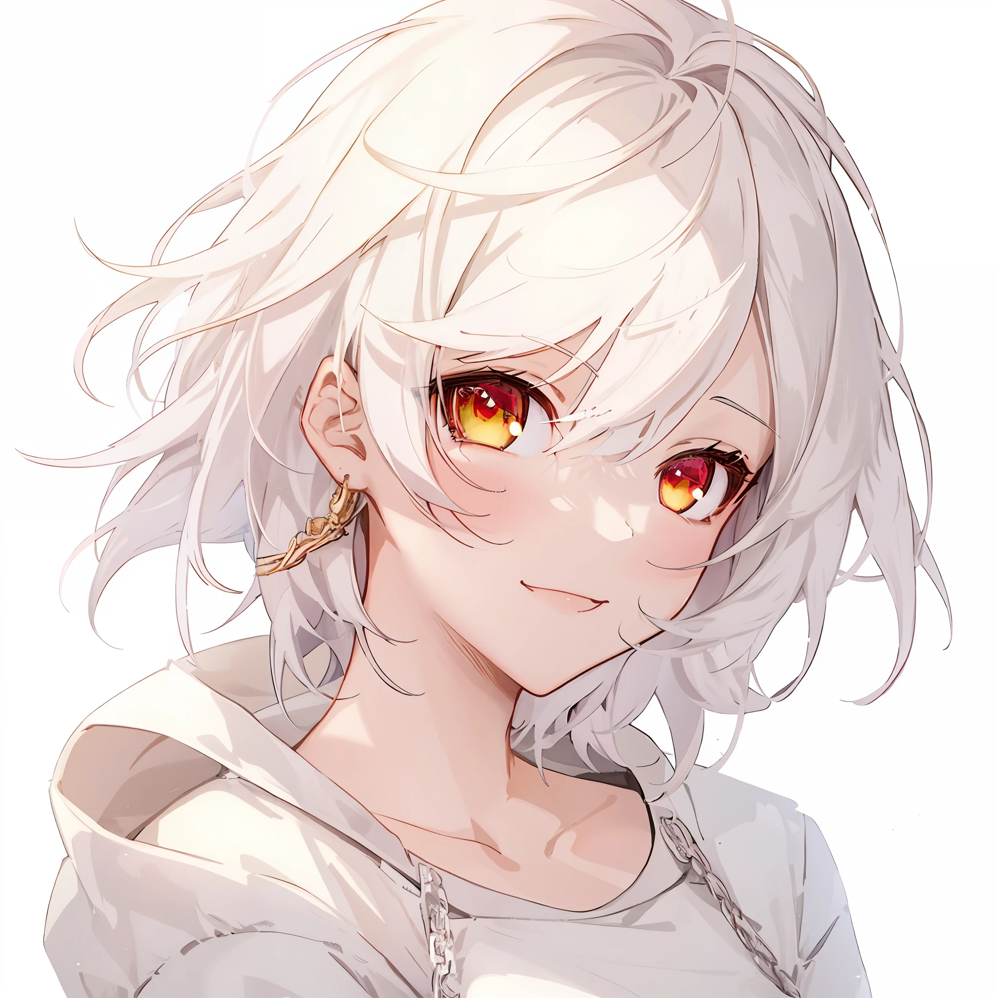 Anime girl with white hair and golden eyes， Girl with white hair， Girl with short white hair， Glowing golden eyes， Cute girl with anime visuals， ssmile