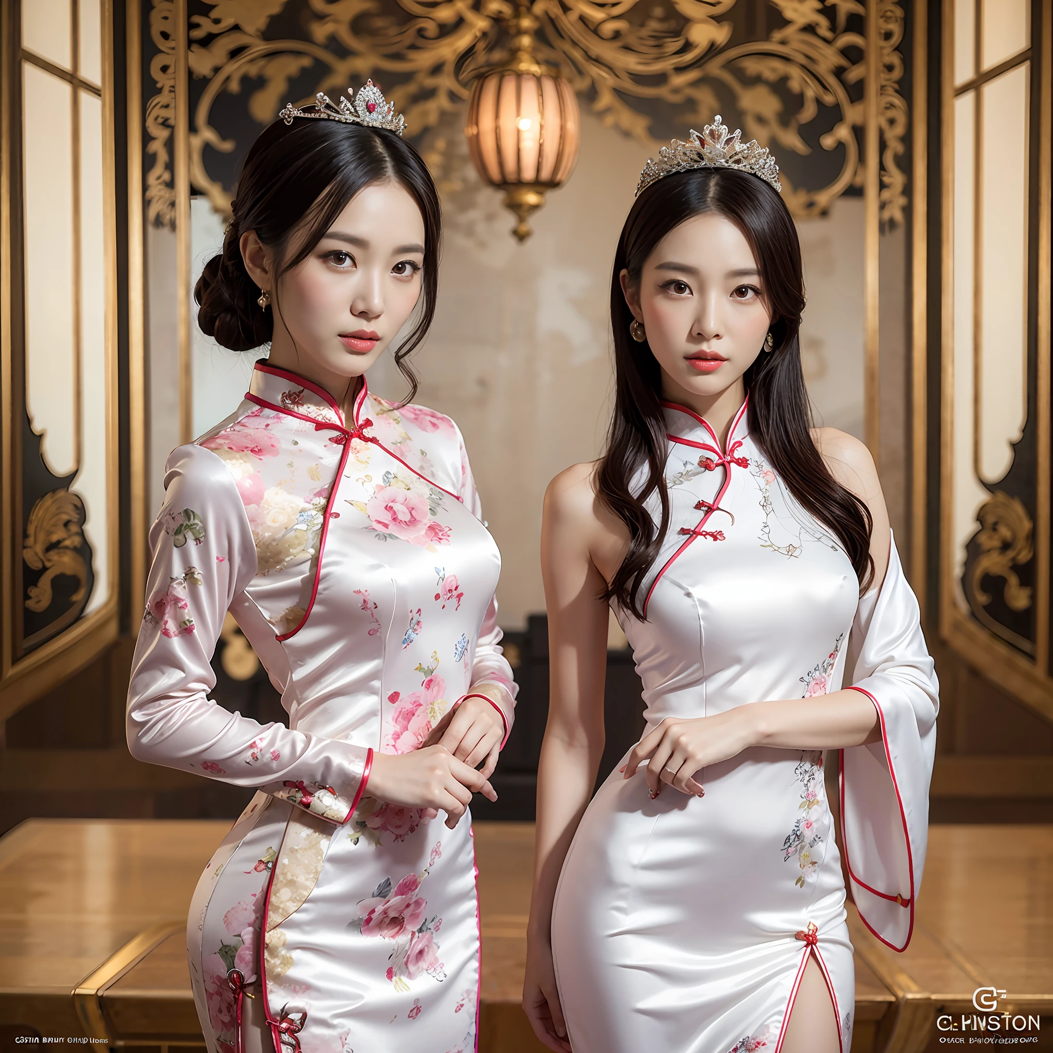 Two asian women in elegant cheongsam in white posing for photo, a beautiful fantasy empress, queen and ruler of the universe, Trending on CGSTATION, wlop and sakimichan, trending at cgstation, ((a beautiful fantasy empress)), royal elegant pose, rendering of beauty pageant, two models in the frame, goddess queen