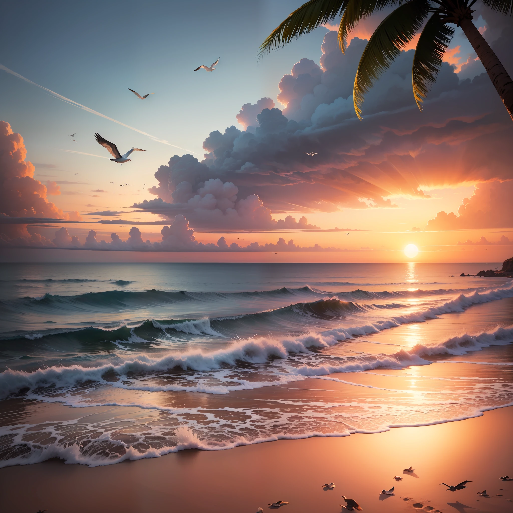Manga、illustratio、an orange、pink there、Yellow blends to fill the sky、The sunset over the beach is truly mesmerizing。The crystal clear sea gently kisses the shore、White sand beaches stretch everywhere。Seagulls soar high into the sky、It is a dynamic and breathtaking scene with palm trees gently swaying