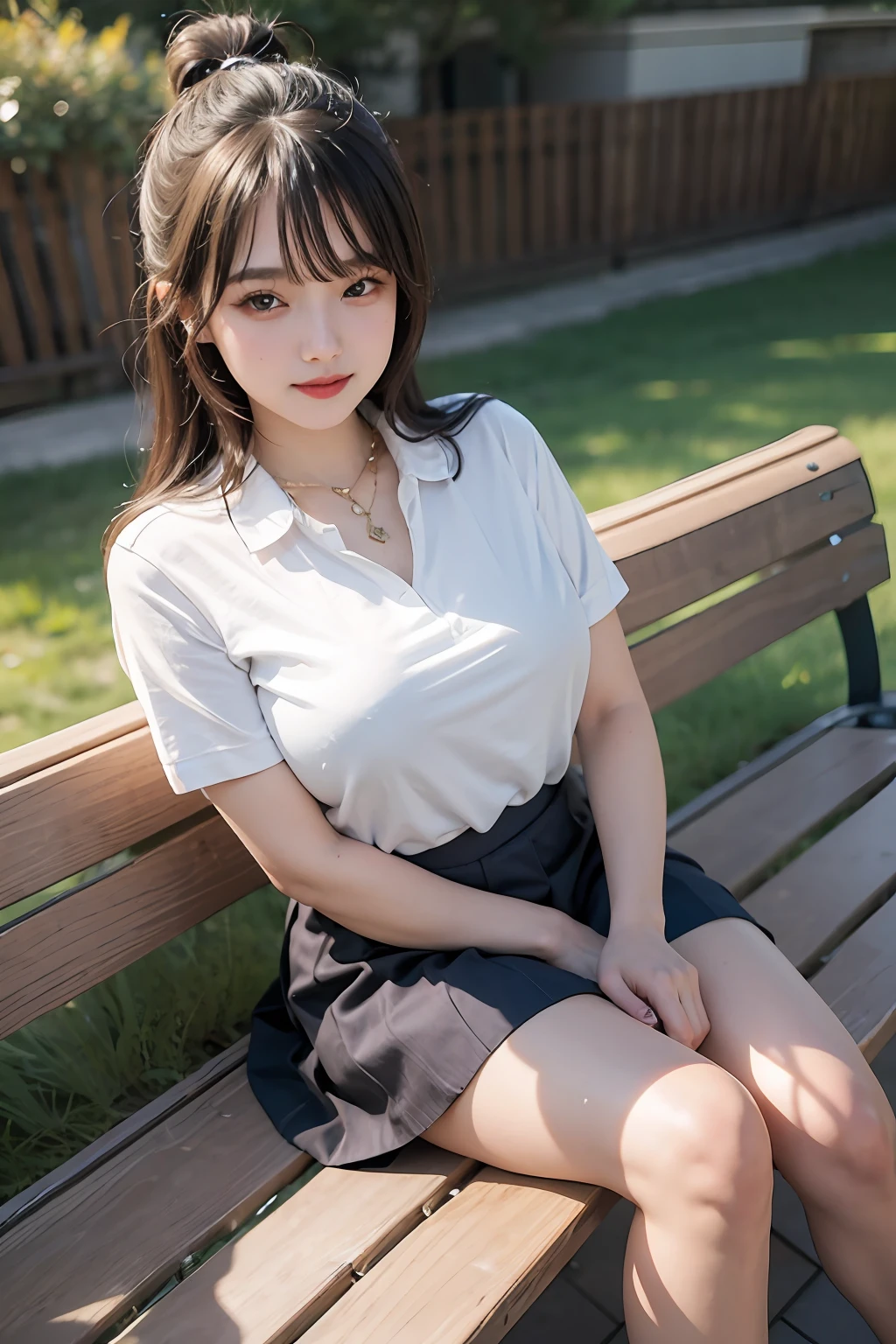 8K RAW Photos、hight resolution、Very big breasts、very soft breasts、bossy pose、sullen smile、pretty bright blonde hair、student clothes、Pink polo shirt、skirt by the、School rooftop、School bench、beautiful thigh、Beautiful knees、knee high、Niso、Absolute Area、Beautiful girl at 16 years old、with round face、a baby face、Very thin mouth、beautiful eyes finely detailed、long eyeslashes、Beautiful double eyelids、Sanpaku eyes、Duck mouth、blunt bangs、耳Nipple Ring、a necklace、