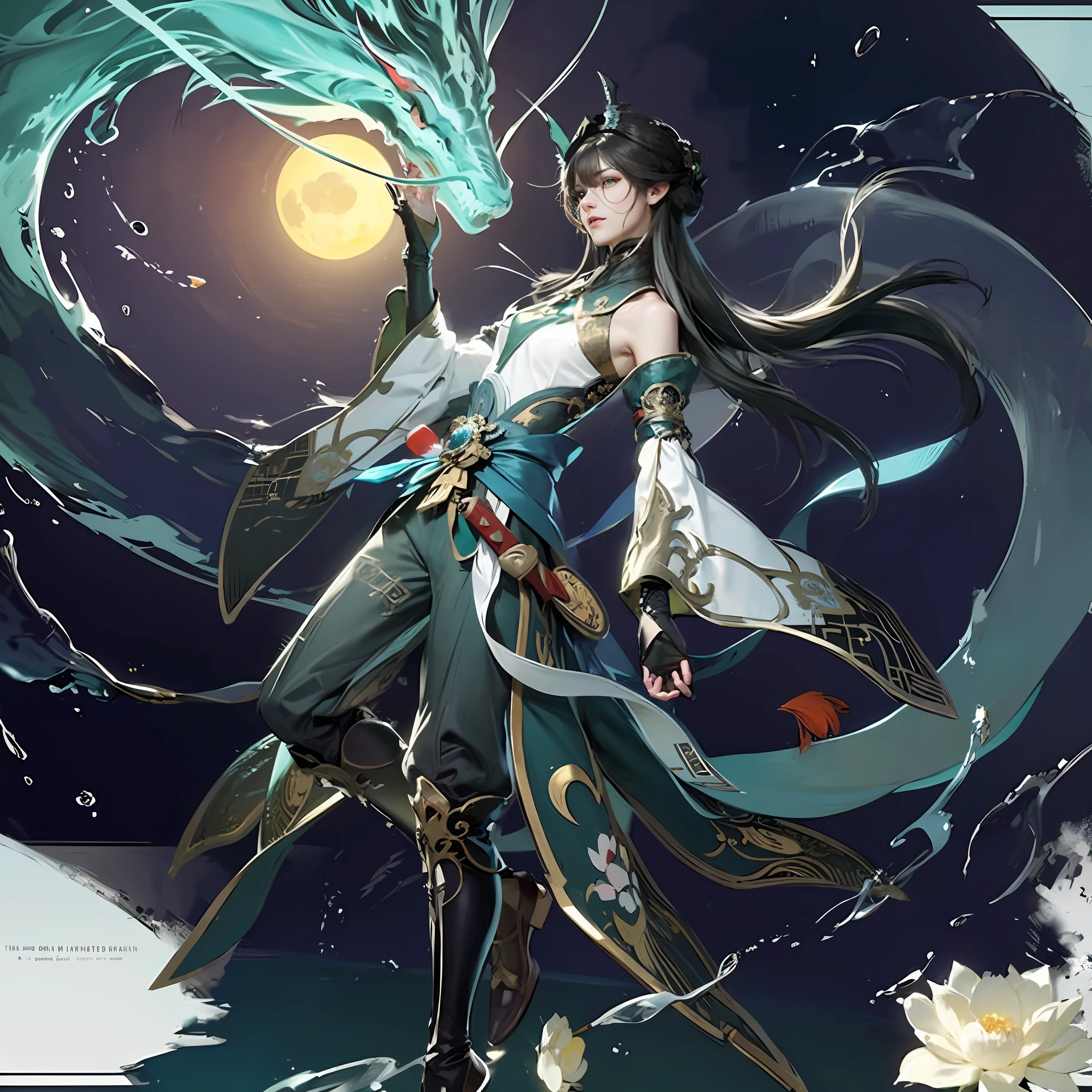 ((Best picture quality, 8K, tmasterpiece:1.3)), Chinese clothes ,Ultra-fine face, A detailed eye, dynamicposes,Hanfu,Dragon's horn,Blue pupil,blue color eyes,High detail official artwork,detailed anime art,the night,outside,themoon,Eau,drak,lotuses,xianxia fantasy,full-body xianxia,xianxia hero, zhao yun,Genshin impact's character,xianxia hero,mid-air