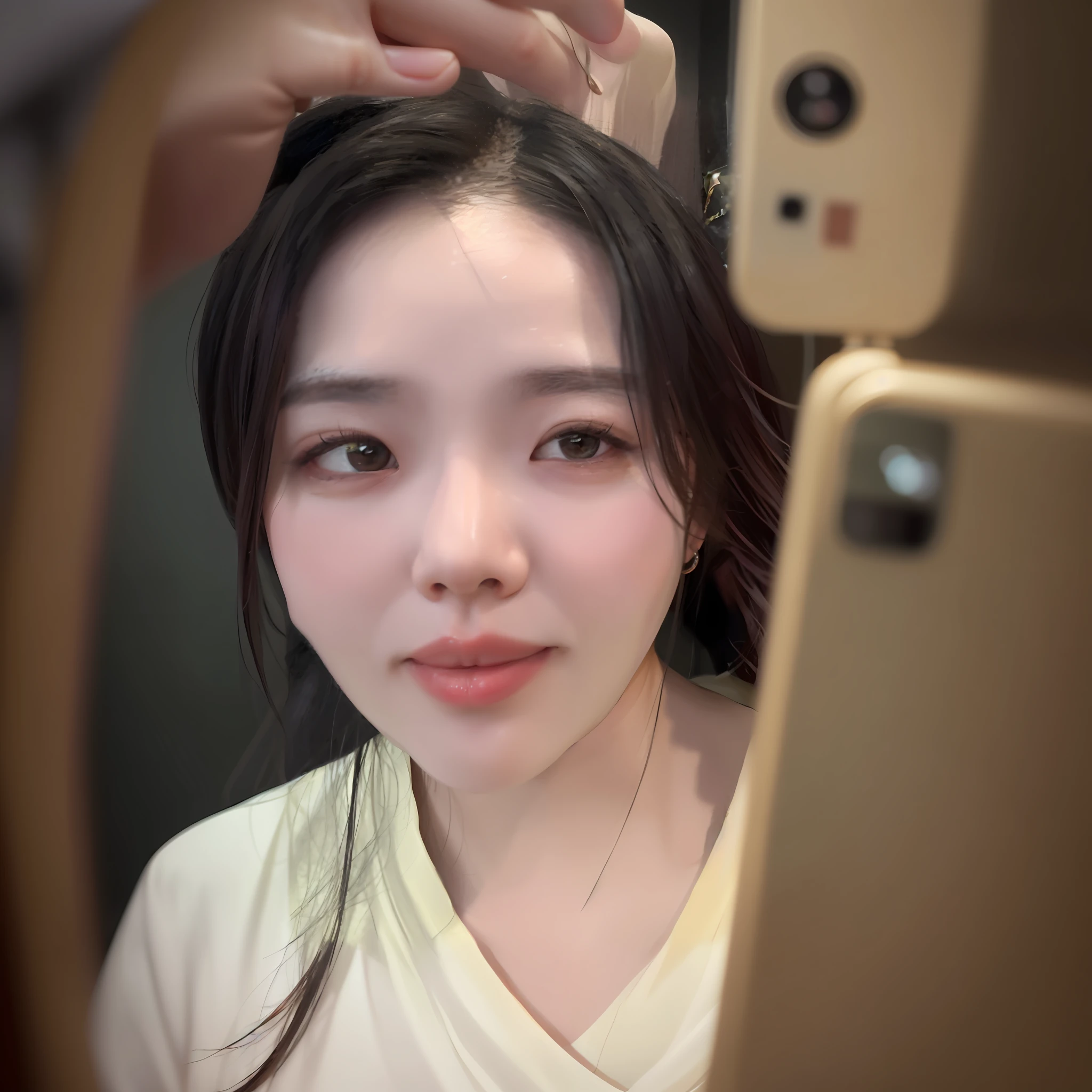 There is a woman taking a selfie with her phone, jimin\The right eyelid is swollen., jaeyeon nam, Close-up shots of faces, close up face, heonhwa choe, jinyoung shin, face photo, lovely delicate face, face closeup, Lee Ji-eun, Izzy-silver(Lee Ji - Eun), 30 year old woman