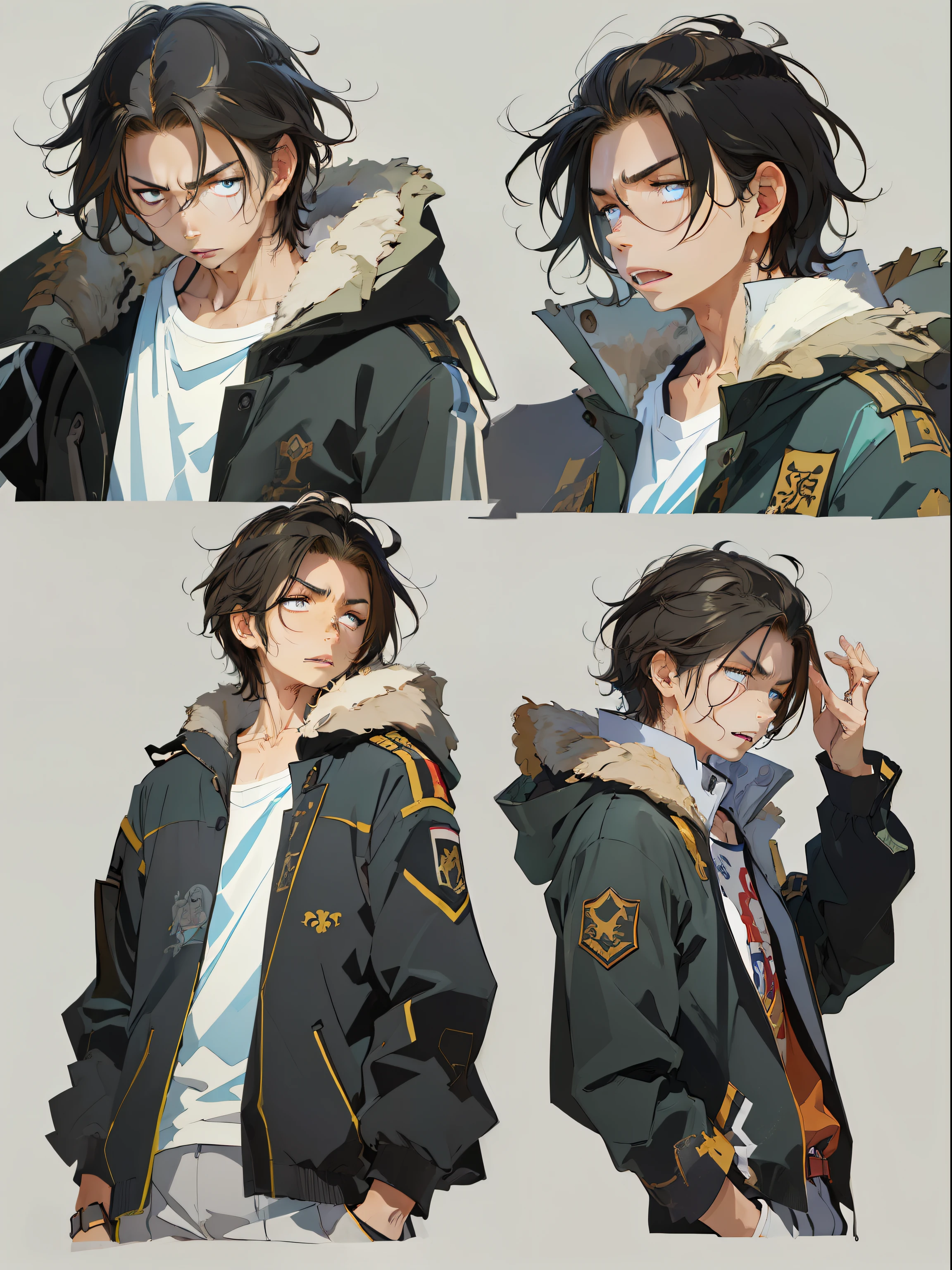 (top-quality、​masterpiece:1.2)、(​masterpiece:1.4)、(top-quality:1.4)、1 boy、独奏、Dark hair。Sauce order。twinks。Tall。Japan illustration style。Soshage style。2020s style art。For a well-formed face、Brightly colored eyes。Detailed drawing。Vibrant colors。high-level image quality。