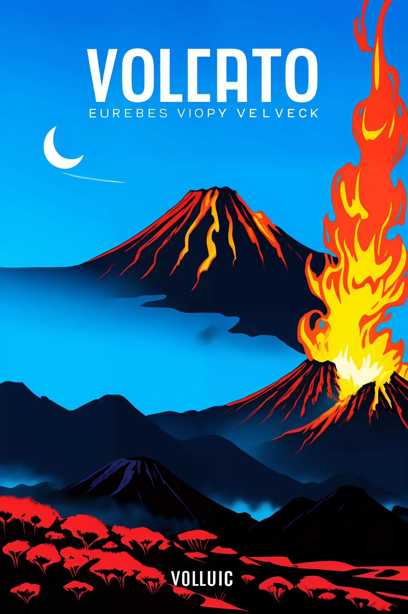 Illustration, book cover, a volcano erupting lava, under the volcano there is the text "VOLCANOLOGY"