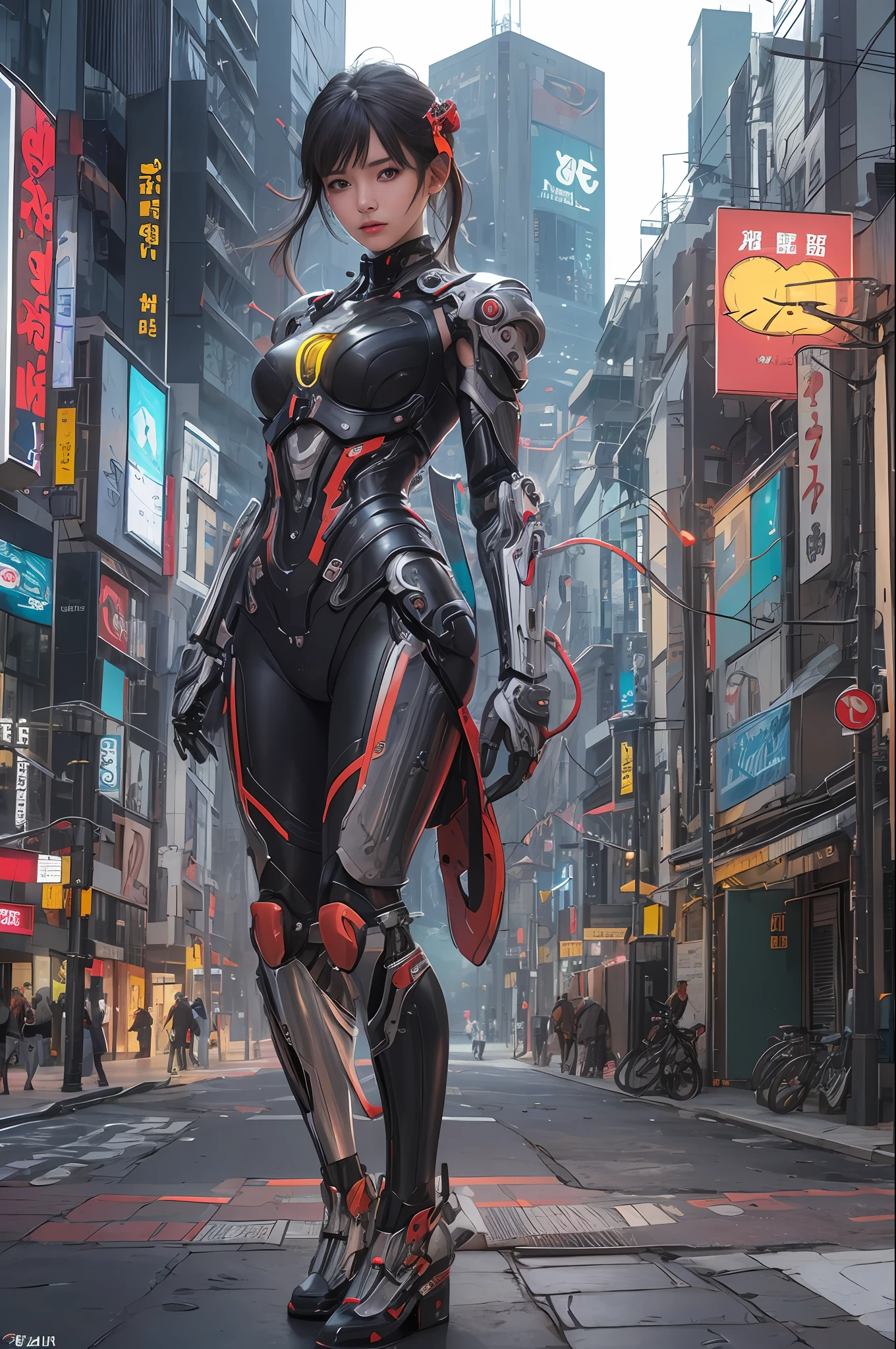 Top Quality, Masterpiece, Ultra High Resolution, (Photorealistic: 1.4), Raw Photo, 1 cyberpunk Girl, Glossy Skin, 1 Mechanical Girl, (Ultra Realistic Detail)), (((Full body shot))), Global Illumination, Contrast, Shadows, Octane Rendering, 8K, Ultra Sharp, Raw Skin, Metal, Intricate Ornament Details, Japan Details, Very intricate details, realistic light, CGSoation trend, facing the camera, neon details, mechanical limbs, blood vessels connected to the tube, mechanical vertebrae attached to the back, mechanical cervical attachment to the neck, wires and cables connecting to the head, gundam, small LED lamps.
