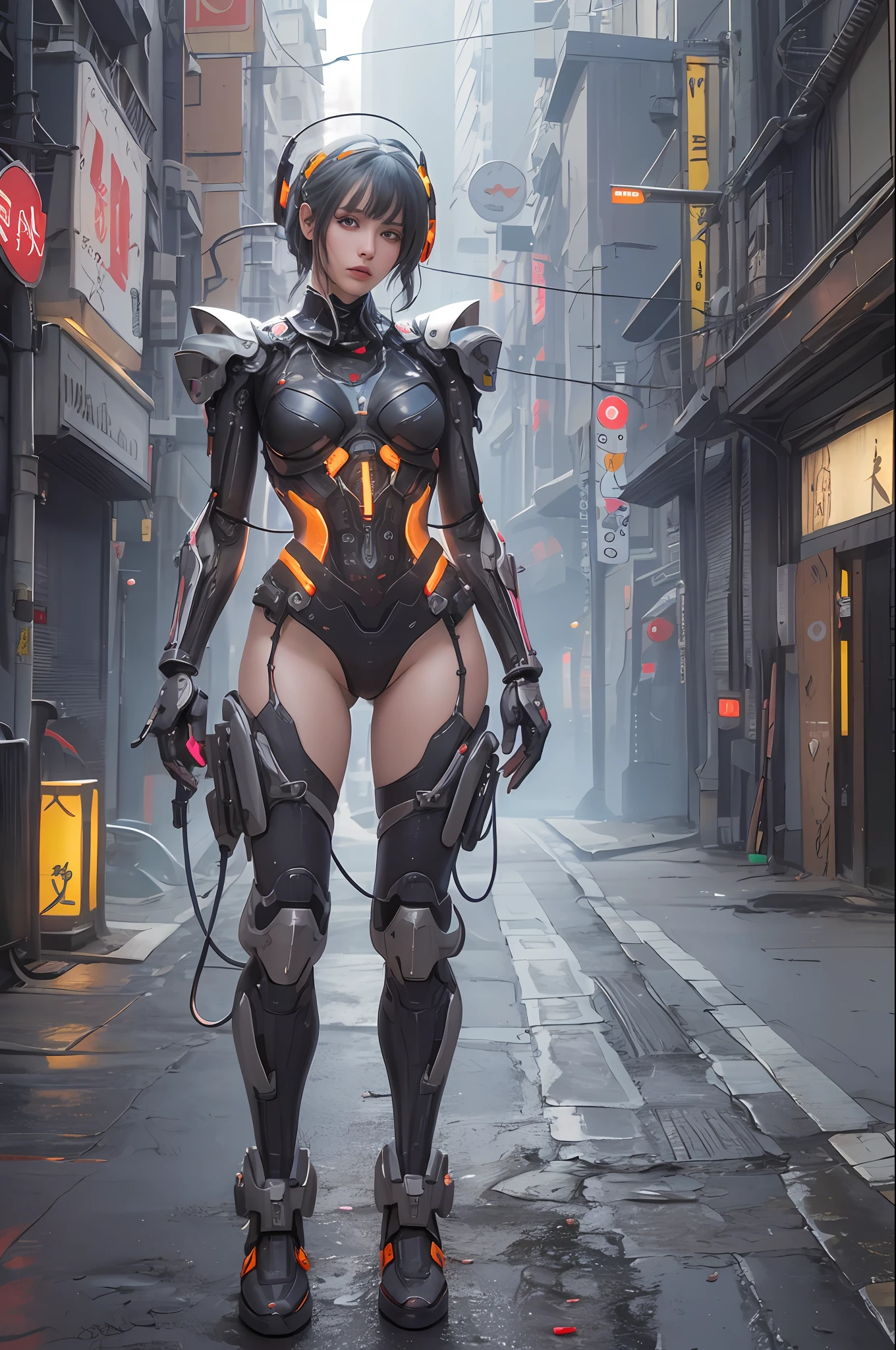 Top Quality, Masterpiece, Ultra High Resolution, (Photorealistic: 1.4), Raw Photo, 1 cyberpunk Girl, Glossy Skin, 1 Mechanical Girl, (Ultra Realistic Detail)), (((Full body shot))), Global Illumination, Contrast, Shadows, Octane Rendering, 8K, Ultra Sharp, Raw Skin, Metal, Intricate Ornament Details, Japan Details, Very intricate details, realistic light, CGSoation trend, facing the camera, neon details, mechanical limbs, blood vessels connected to the tube, mechanical vertebrae attached to the back, mechanical cervical attachment to the neck, wires and cables connecting to the head, gundam, small LED lamps.