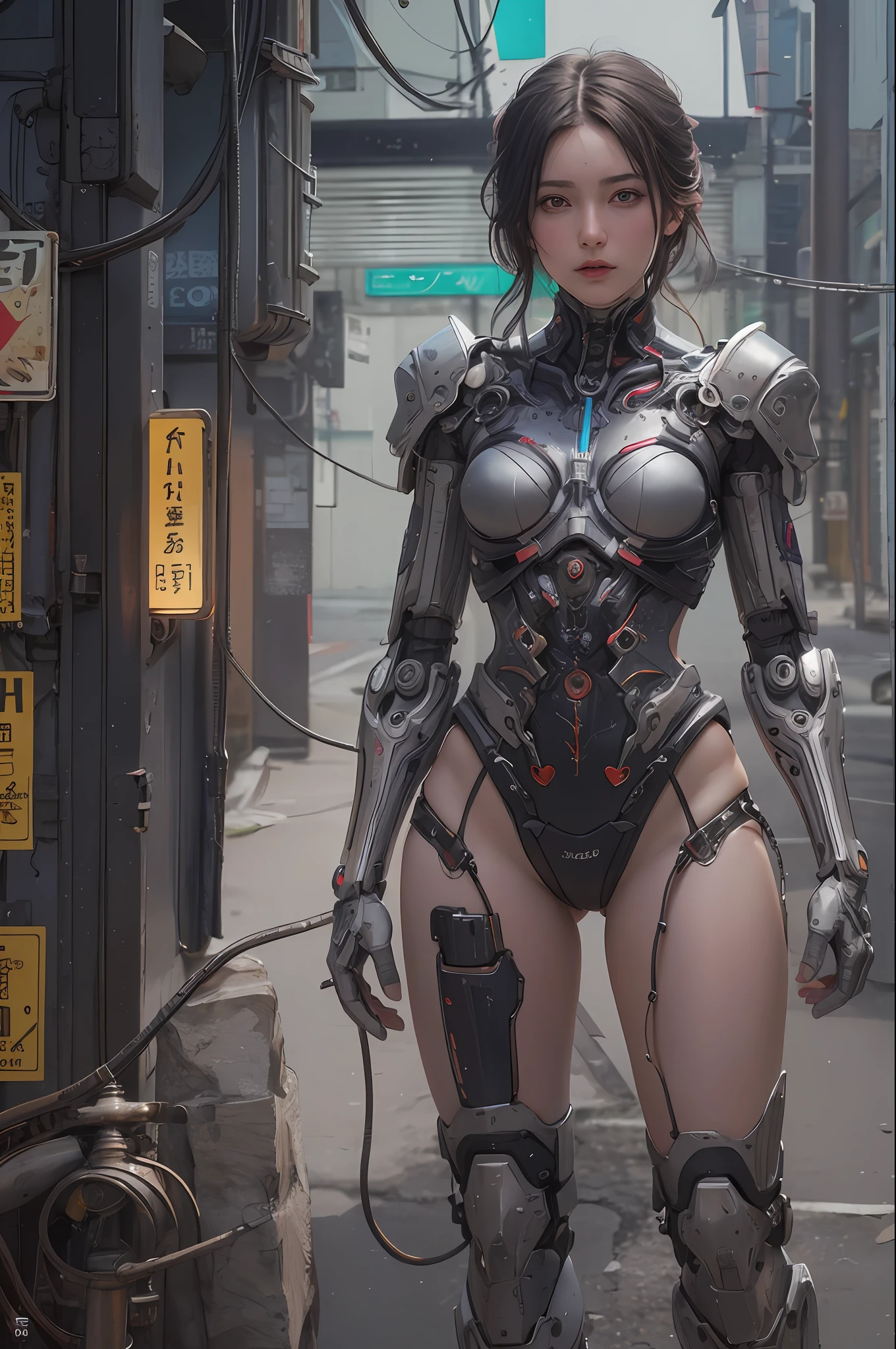Top Quality, Masterpiece, Ultra High Resolution, (Photorealistic: 1.4), Raw Photo, 1 cyberpunk Girl, Glossy Skin, 1 Mechanical Girl, (Ultra Realistic Detail)), (((Full body shot))), Global Illumination, Contrast, Shadows, Octane Rendering, 8K, Ultra Sharp, Raw Skin, Metal, Intricate Ornament Details, Japan Details, Very intricate details, realistic light, CGSoation trend, facing the camera, neon details, mechanical limbs, blood vessels connected to the tube, mechanical vertebrae attached to the back, mechanical cervical attachment to the neck, wires and cables connecting to the head, gundam, small LED lamps.