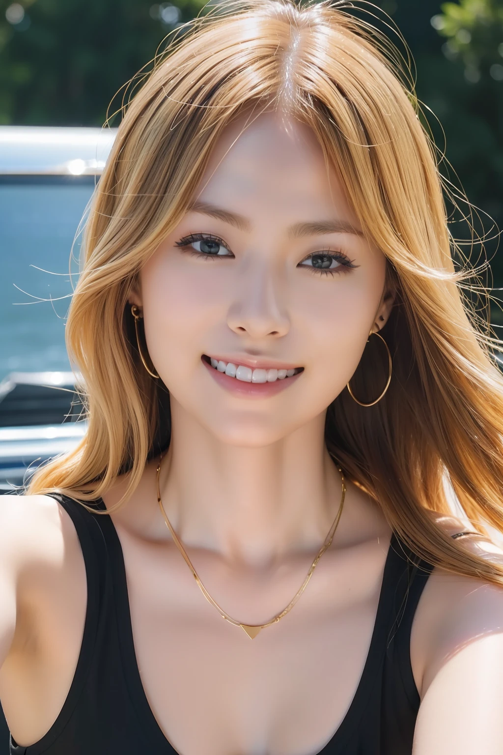 (in 8K, Raw photo, Best Quality, masutepiece:1.2), (Realistic, Photorealsitic:1.37), 超A high resolution, Blurry_Background, Realistic, Beautiful, Looking at the viewer, extra detailed face, Perfect Lighting, Selfie, Blonde_hair, Wavy_hair, Smiling, asian human, truck, perking, Sunny, Black top, gold_Necklace, Clear_skyporn, Sleeveless