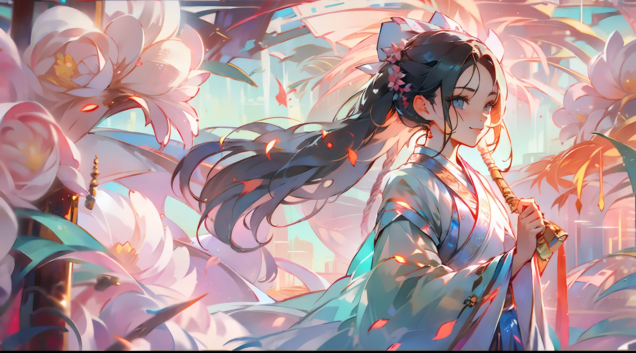 ((Hanfu:1.5+mtu:0.9+woman:0.9),(Face details:1.2),(clothes details:1.1),(Light smile:1.1),(poster for:0.8),(summertime:0.7),(fresh flowers:0.7),(Need:0.8),(blueglow:0.9),(8k:0.9))