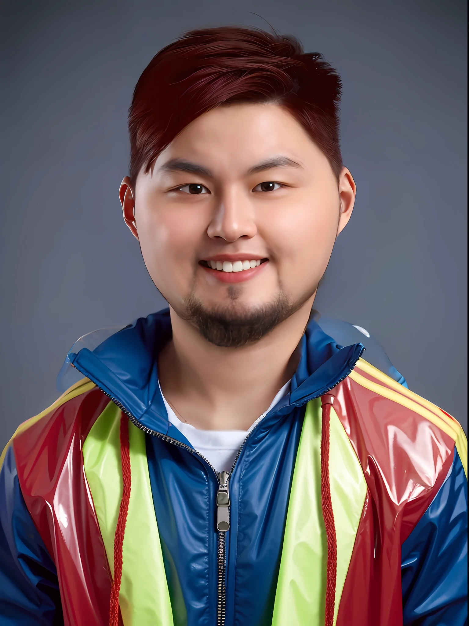 Chinese male high school student,Wearing PVC light blue tracksuit