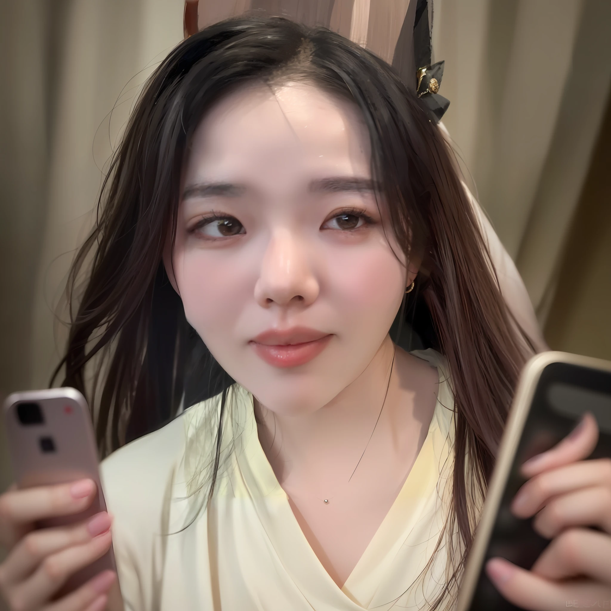 There is a woman taking a selfie with her phone, jimin\The right eyelid is swollen., jaeyeon nam, Close-up shots of faces, close up face, heonhwa choe, jinyoung shin, face photo, lovely delicate face, face closeup, Lee Ji-eun, Izzy-silver(Lee Ji - Eun), 30 year old woman