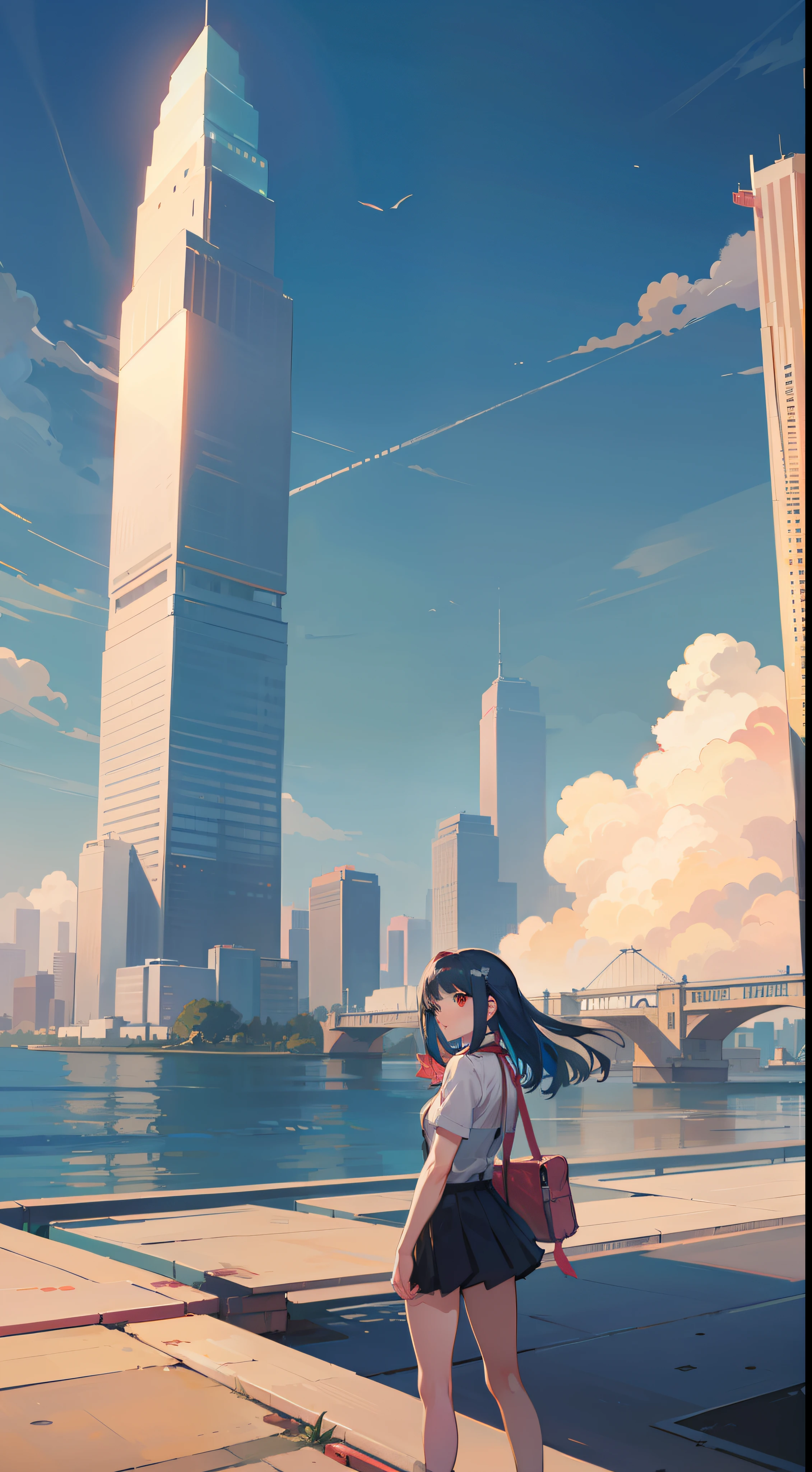 City view，skyscrapper，with blue sky and white clouds， CITIC Tower，CCTV Building，concept art by Kamisaka Sekka, Pisif, Sots Art, ace attorney style, rimuru and milim, puce and vermillion, offcial art, vermillion and cyan, digital art from danganronpa, clean backdrop，official character art