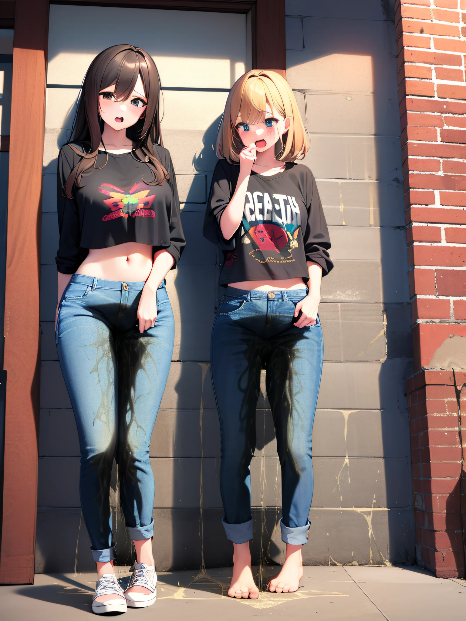 (masterpiece,best quality,high resolution), 3girls, (((jeans pants))), ((full body)), crop top, naval, midriff, barefeet, blush, worried, open mouth, outside, ((((((big pee stain))))))