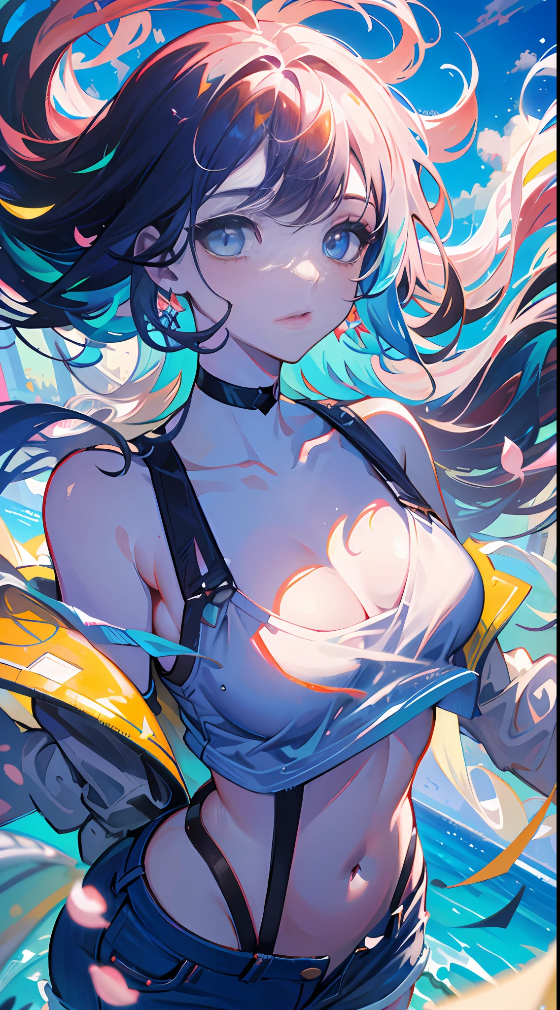 (excellence,Best-aesthetic,best qualtiy,tmasterpiece,extremely detaile,anime big breast),1girll,独奏,perfect breastm,Look at the sky,Suspender dark blue denim shorts,Super short half white T-shirt,underboob,Bare lower breasts,Dynamic Angle,(Falt color:1.3),(Look at Vivier:1.8),Colorful,(Floating colorful wind),(Highest picture quality),(Master's work), (Detailed eye description),(macro shot:1.25),(8K wallpaper),(Detailed face description),Depth of field,(Lens flare),floating colorful water,rain,Small rivers,wilderness,Small dust, ((breeze)), (Floating wind),Summer,Sunset, horizon,(The background is blurred out), Road by the sea,Mountains and forests,water,wading,partly_submerged,(Strong sunlight:1.2),(altocumulus:1.2),Bird, Butterfly, Falling petals,(Close-up:1.2),(fish eye:1),The hair is gray and pink, Eyes,Detailed beautiful eyes, 耳Nipple Ring,(From above:1.3)