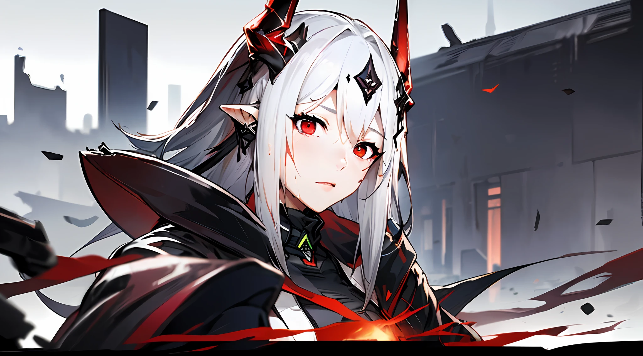 (Dynamic angle, upper body,Battlefield, artillery fire, ruins, ashes, lightning effects and Flame particle effect,artistic effect:1.2),(floating and spread hair:1.2), (detailed and delicate and flexible eyes),(1girl,solo,arm, oripathy lesion (arknights),splash ink,angry.open_mouth,shout,white hair,red eyes, hair ornament, pointy ears,oripathy lesion (arknights), infection monitor (arknights),black horns,Clothes are damaged,Injuries, abrasions:1.2),mudrock (arknights), (corrpution,cowboyshot:1.15), kda, fov,f/1.8, side lighting, sunlight on people (masterpiece, best quality, Ultra Detail, wallpaper, detailed shiny skin, flawless, 8k, RAW, highres,absurdres,:1.3), (detailed super oily shiny skin:1.1),[wet:0.8|mucus], colorful, power scene,(imid shot:0.95),