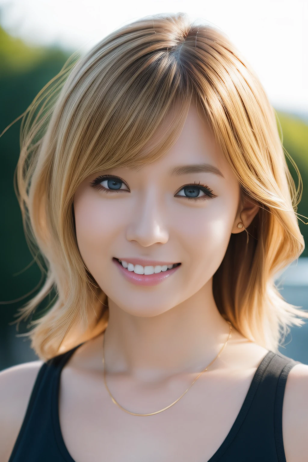 (in 8K, Raw photo, Best Quality, masutepiece:1.2), (Realistic, Photorealsitic:1.37), 超A high resolution, Blurry_Background, Realistic, Beautiful, Looking at the viewer, extra detailed face, Perfect Lighting, Selfie, Blonde_hair, Wavy_hair, Smiling, asian human, truck, perking, Sunny, Black top, gold_Necklace, Clear_skyporn, Sleeveless