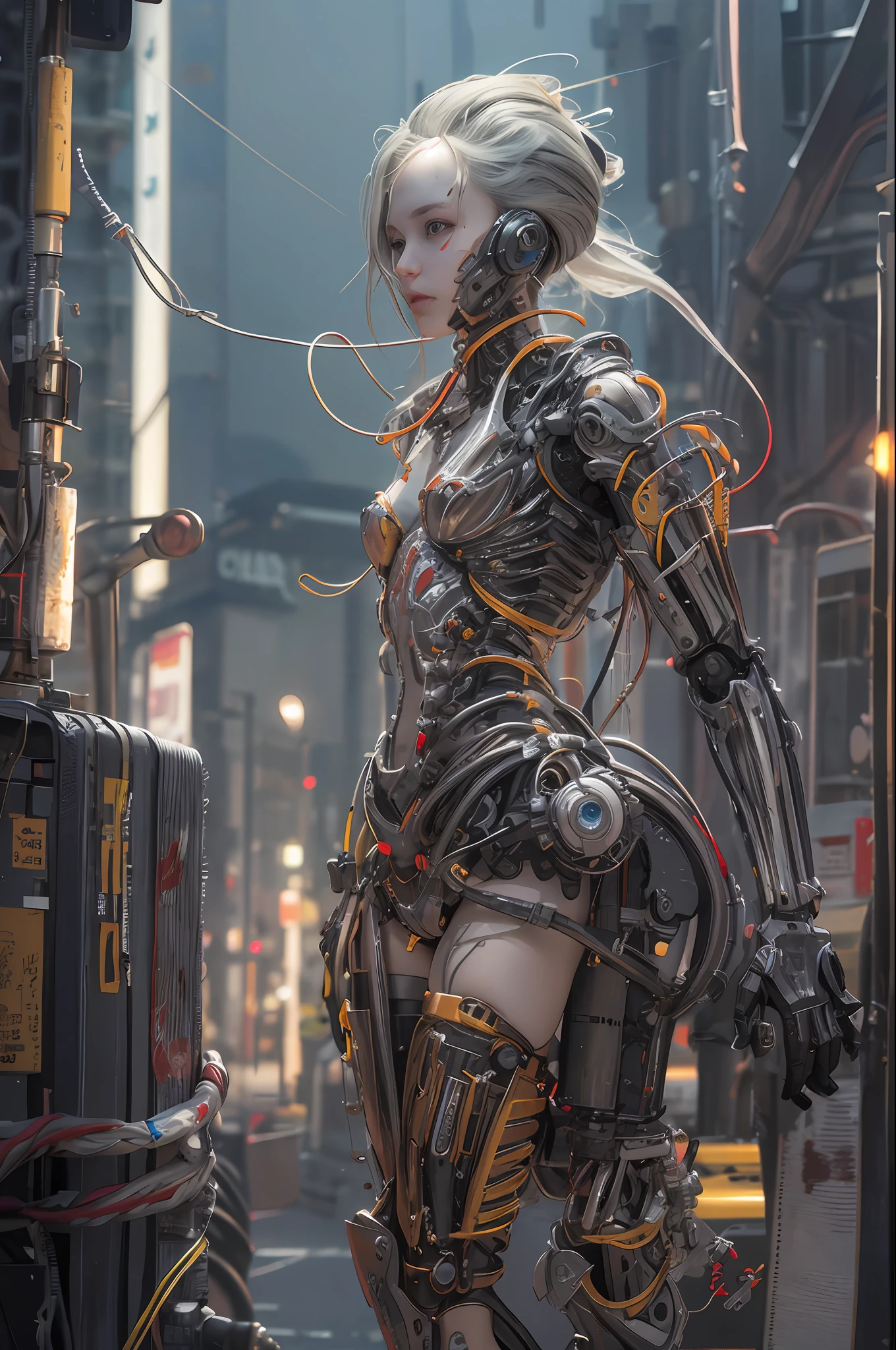 Top Quality, Masterpiece, Ultra High Resolution, (Photorealistic: 1.4), Raw Photo, 1 cyberpunk Girl, Glossy Skin, 1 Mechanical Girl, (Ultra Realistic Detail)), (((Full body shot))), Global Illumination, Contrast, Shadows, Octane Rendering, 8K, Ultra Sharp, Raw Skin, Metal, Intricate Ornament Details, Japan Details, Very intricate details, realistic light, CGSoation trend, facing the camera, neon details, mechanical limbs, blood vessels connected to the tube, mechanical vertebrae attached to the back, mechanical cervical attachment to the neck, wires and cables connecting to the head, gundam, small LED lamps.