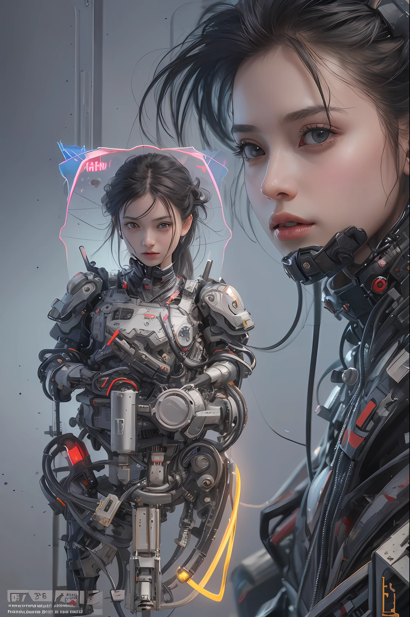 Top Quality, Masterpiece, Ultra High Resolution, (Photorealistic: 1.4), Raw Photo, 1 cyberpunk Girl, Glossy Skin, 1 Mechanical Girl, (Ultra Realistic Detail)), (((Full body shot))), Global Illumination, Contrast, Shadows, Octane Rendering, 8K, Ultra Sharp, Raw Skin, Metal, Intricate Ornament Details, Japan Details, Very intricate details, realistic light, CGSoation trend, facing the camera, neon details, mechanical limbs, blood vessels connected to the tube, mechanical vertebrae attached to the back, mechanical cervical attachment to the neck, wires and cables connecting to the head, gundam, small LED lamps.