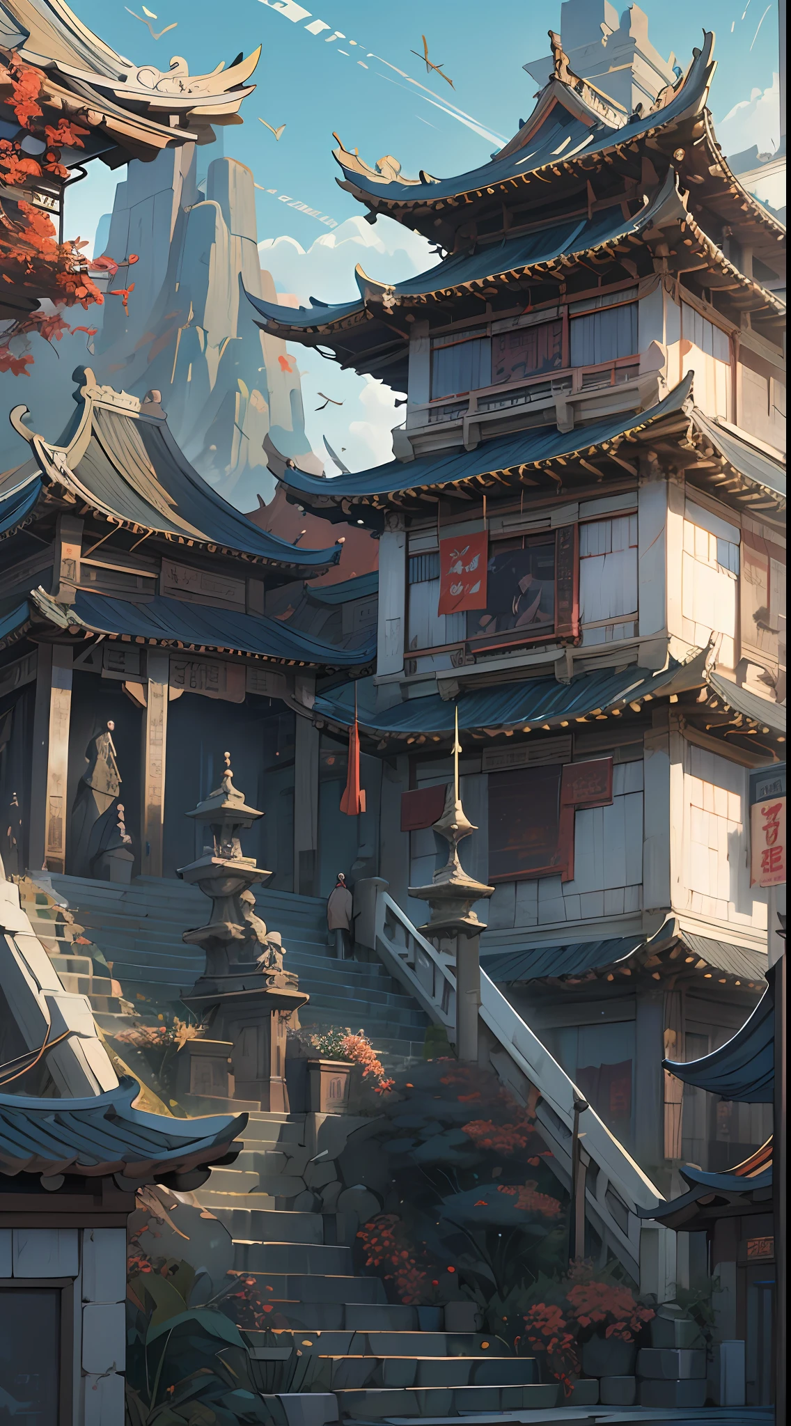 screenshot of an chinese town, in the style of dark white and light gold, dramatic, somber religious works, artgerm, dynamic and expressive animations, fairy academia, imposing monumentality, light blue and dark beige ,32k uhd, best quality, masterpiece, super detail, high details