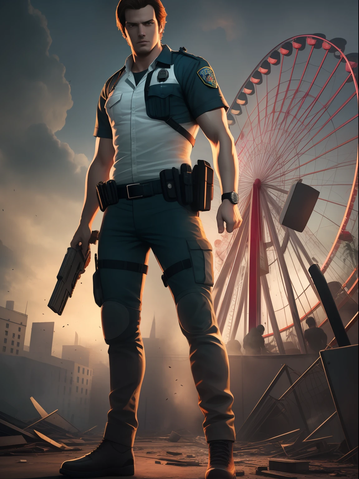 (Obra) Very high quality, tiro de corpo inteiro, Filmagem super detalhada, Resident Evil setup, Clero masculino, Injured medics and police took refuge in Zombie by a Ferris wheel in a destroyed amusement park, 32k resolution, best quality, dynamic pose, actionpose, Surreal e charmoso.