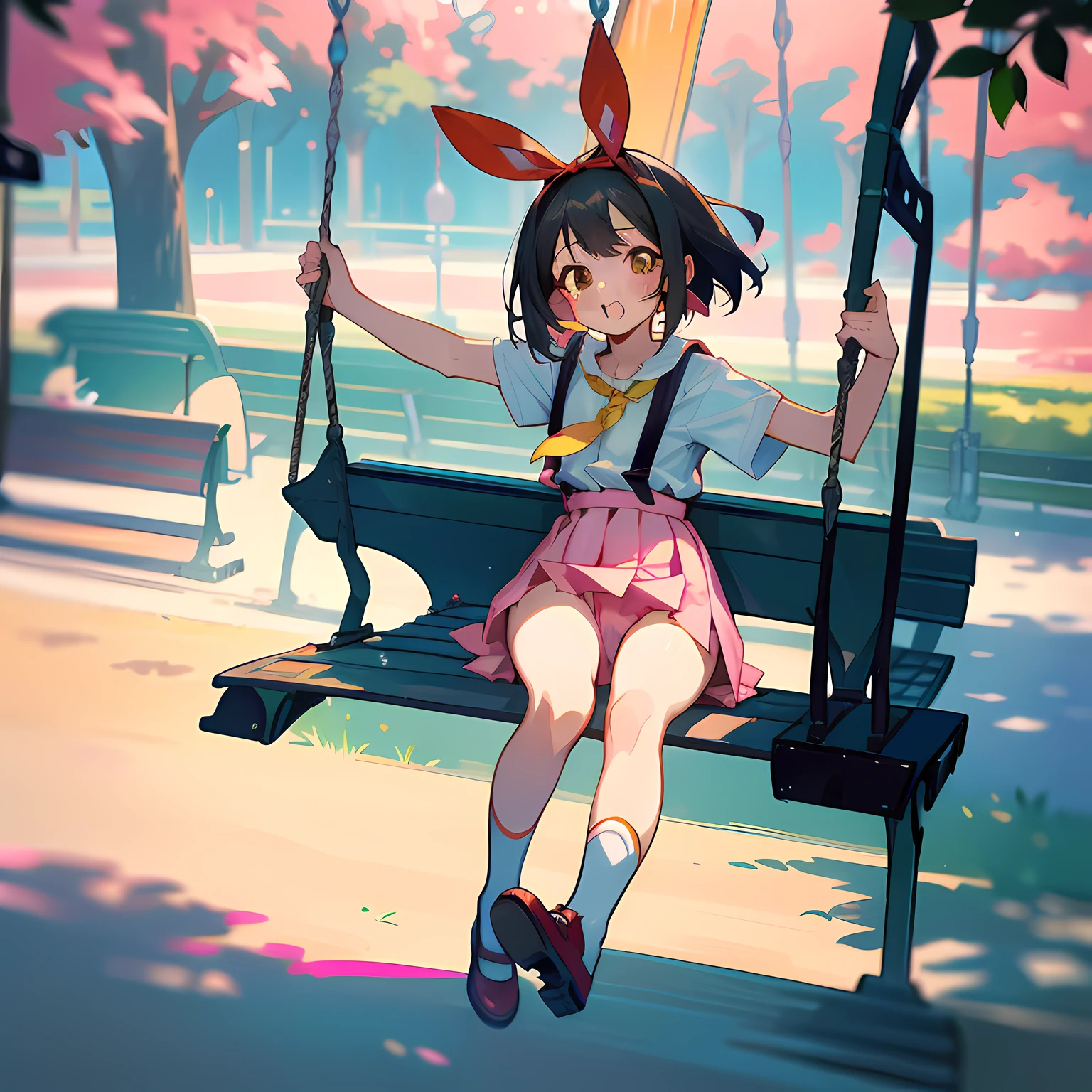 One girl. (masutepiece, of the highest quality, Kyoto Animation Style Illustration, of the highest quality, Official art, aesthetics, Beautiful details, :1. 2), BREAK, ( girl), Very detailed, colourfull, highest details, BREAK, (girl, Cute, Cheerful, Loli face, A dark-haired、a short bob、tareme, gleaming skin, Hugging a stuffed rabbit, Playboy Bunny,(tshirts:1.1),(Pleated skirt and red suspenders:1.2), High socks with pink and yellow stripes,Pink Bunny Years Hair Band,BREAK,Walking,Mouth open,Open eyes,Right hand,Surprised face when meeting an acquaintance, BREAK,(a park:1.3),(swing, Benches, seesaw:1.5),( A few schoolchildr
