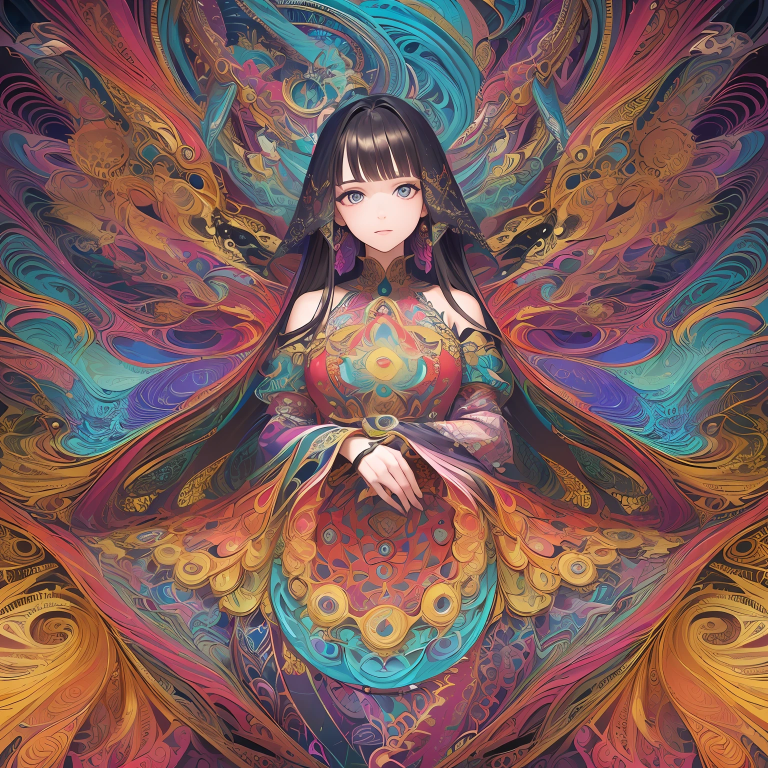 (masterpiece, top quality, best quality, official art, beautiful and aesthetic:1.2), (1girl:1.3), extremely detailed,(fractal art:1.2),colorful,highest detailed,(zentangle:1.2), (dynamic pose), (abstract background:1.5), (treditional dress:1.2), (shiny skin), (many colors:1.4), upper body --auto