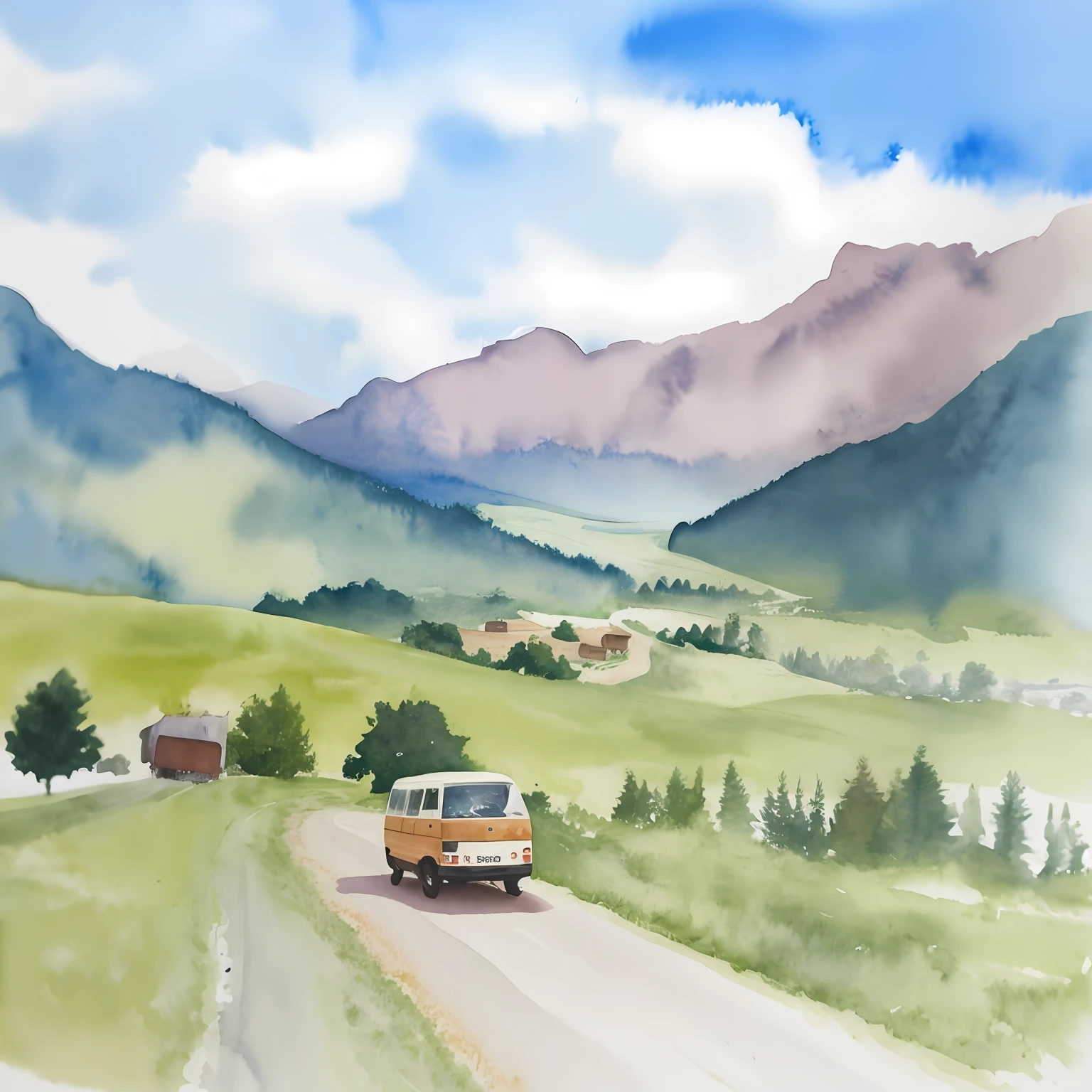 Watercolor painting of a van driving along a dirt road in a green valley.