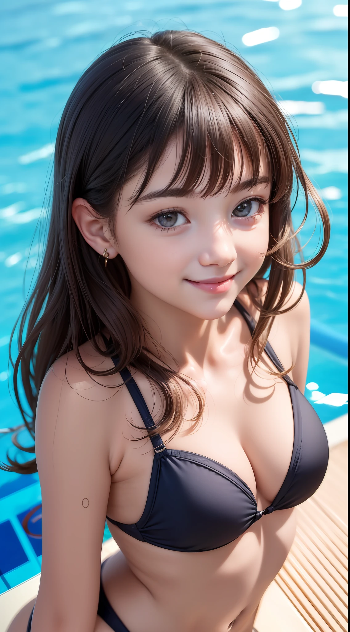 ((Top Quality, 8k, Masterpiece: 1.3)), Crisp Focus: 1.2, Beautiful Girl with Perfect Figure: 1.4, Slender Abs: 1.2, ((Layered, Small Breasts: 1.3,)), (Poolside: 1.2), Highly Detailed Face and Skin Texture, Detailed Eyes, Double Eyelids, Long Hair, Straight Hair, Children's Clothes, (Swimsuit), (Baby Face: 1.4), Toddler Body Shape, Bangs, Smile: 1.3, very cute, facing the front, (junior idol: 1,4), children, poolside, cleavage,