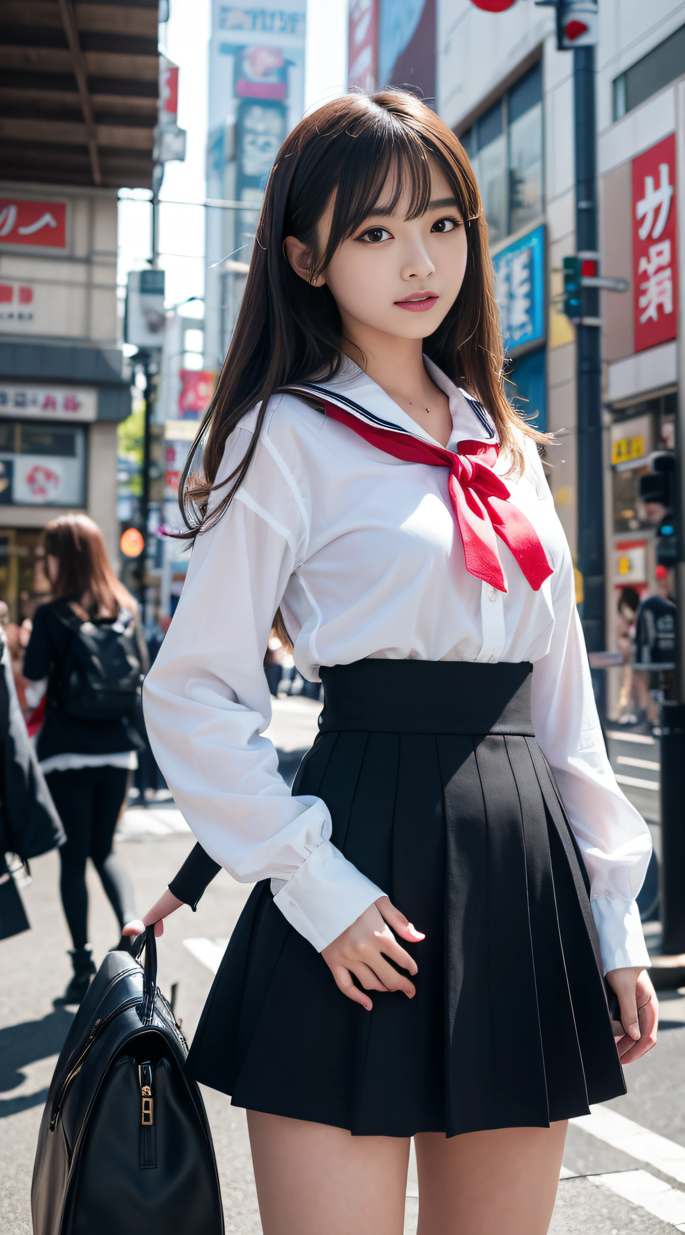 ultra best quality、​masterpiece、超A high resolution、(Photorealsitic:1.4)、the Extremely Detailed CG Unity 8K Wallpapers、Detailed and complex、original、hight resolution、Raw foto、(perfect body type)、Detailed and complex,、Digital SLR、softlighting、hightquality、film grains、depth of fields、Leica Camera、50mm lens、back lighting、HDR、hyper realstic、Color Grade、dynamicposes、portlate、japanes、a smile、s lips、bangss、(Crowded Akihabara:1.2)、Front view View viewer、natural soft light、girl with、sixteen years old、full bodyesbian、独奏、 pupils、University、校服、sailor collar、Bobby Socks、pleatedskirt、daytime、in a street、deep-shadows、cute little、Beautie、Unobtrusive、huge tit、Odious、Cold light 12000K \\ a street、The state of the store、akihabara、Shinjuku、Shibuya、Ikebukuro、Detailed Realistic、Skin texture、ultra-detailliert、realistic skin textures、(Dramatic、awardwinning photo、Incredible masterpiece:1.3)