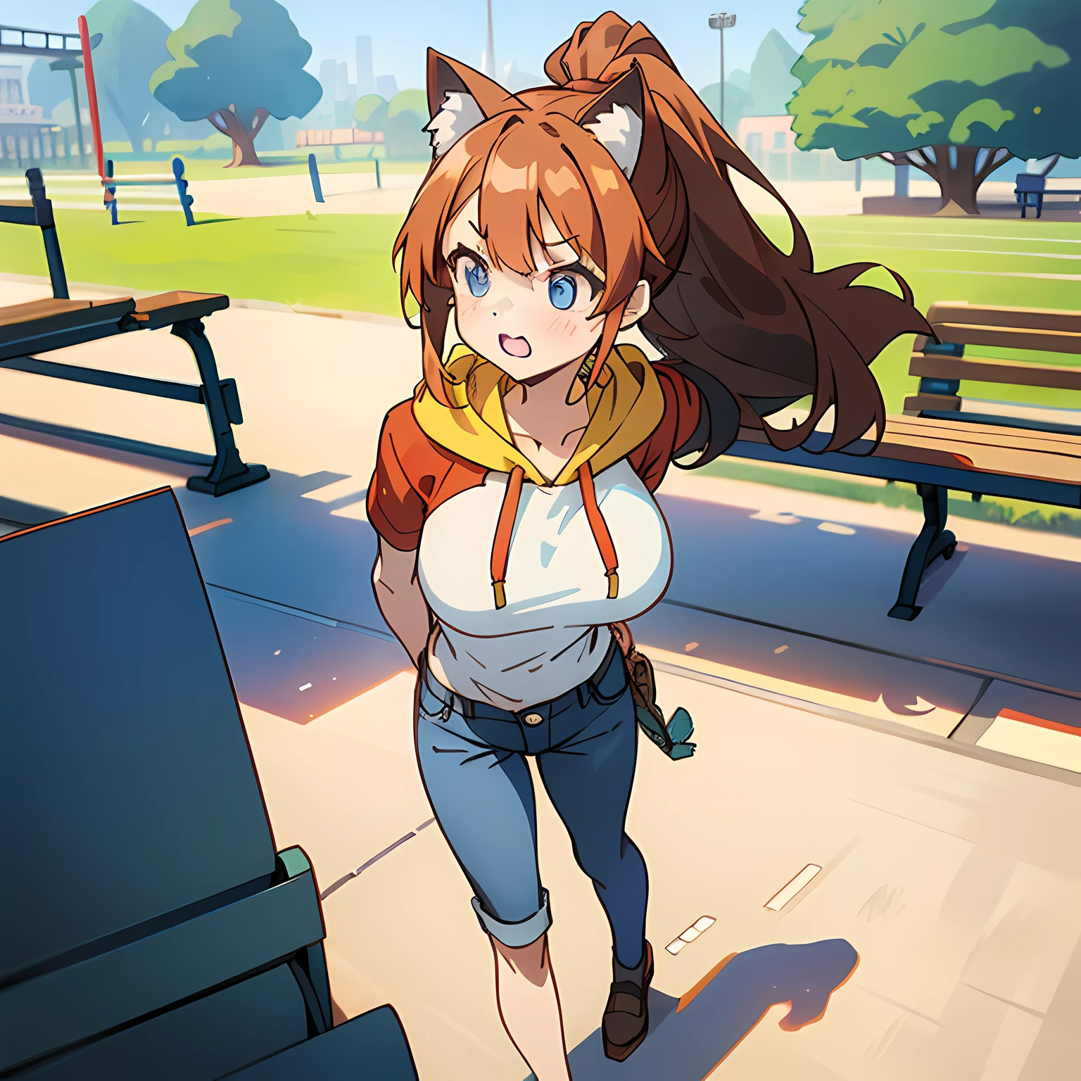 One girl. (masutepiece, of the highest quality, Kyoto Animation Style Illustration, of the highest quality, Official art, aesthetics, Beautiful details, :1. 2), BREAK, ( girl), Very detailed, colourfull, highest details, BREAK, (Huge breasts: 1. 2,), Clear skin, Beautiful skin, Shy skin, with fringes, 1 beautiful girl, Brown hair, (Cat ears, Ponytail, medium-Long hair: 1. 2), (Light blue eyes, long eyelashes, Double eyelids: 1. 2), Solo, (Jeans shorts:1.1),(Red Sleeveless Hoodie:1.2),BREAK,Walking,Mouth wide open,Open eyes,Open your right hand,astonished face,BREAK,(In the room of the park:1.3),(blocky, Benches, seesaw:1.5),( A few schoolchildr